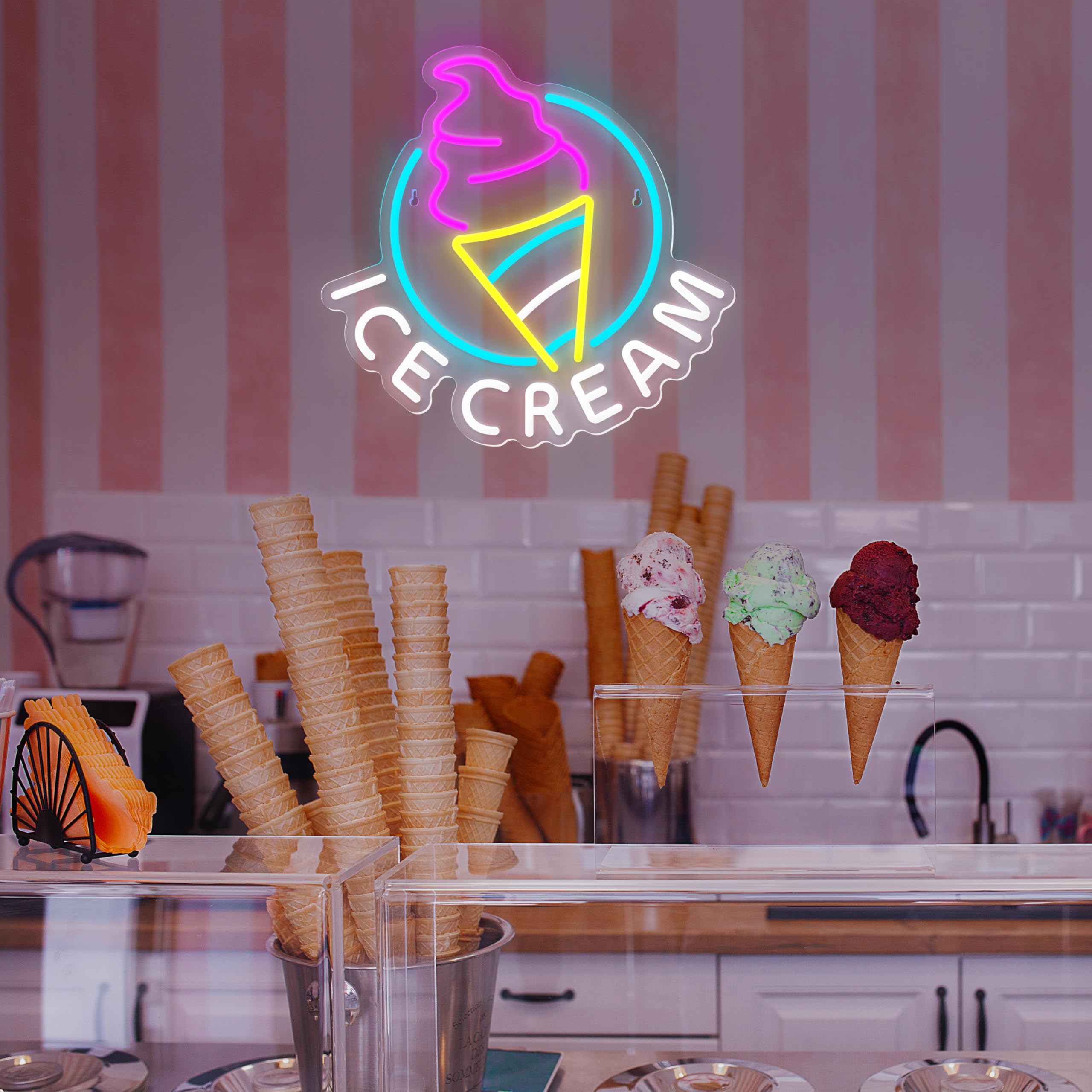 Letrero de neón de helado para decoración de pared, letrero colgante LED con alimentación por USB y interruptor regulable para furgoneta de helados, quiosco, tienda de café, supermercado, sala