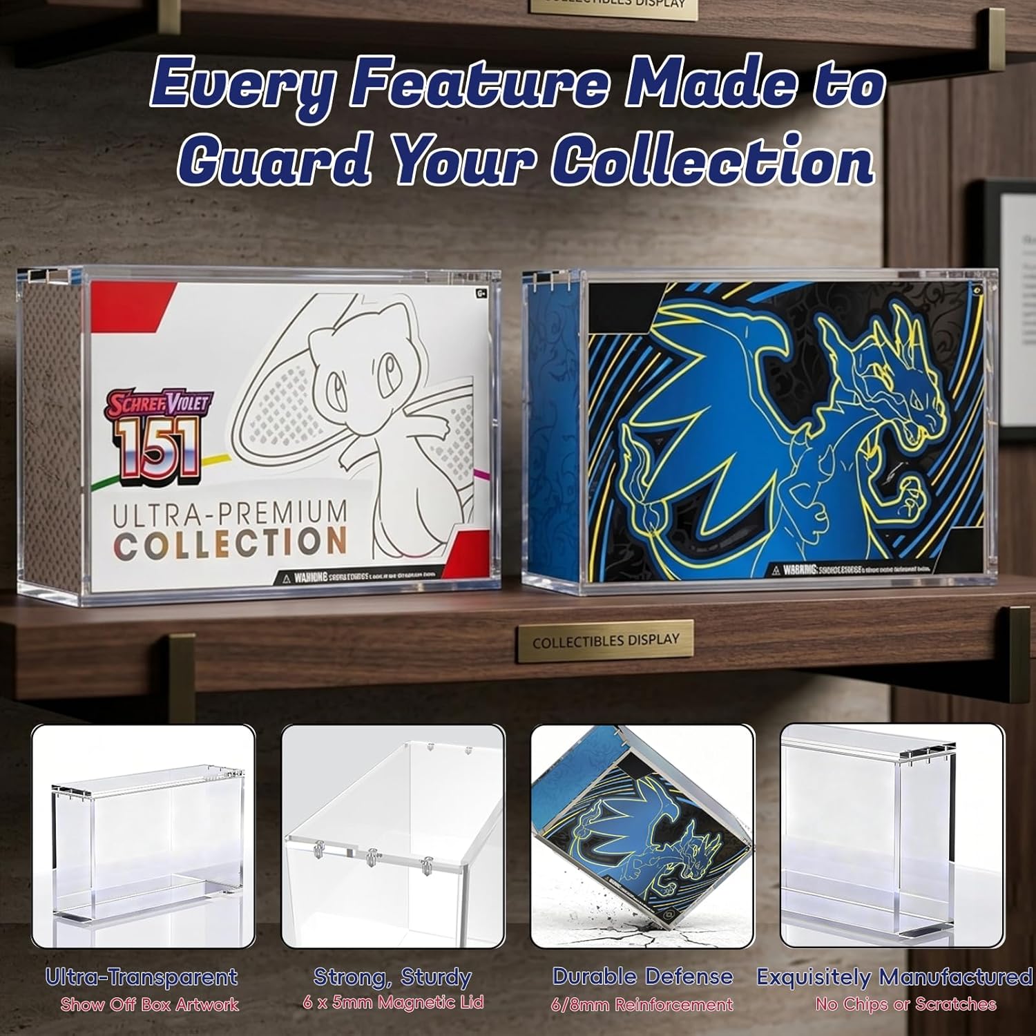 PKMN UPC Acrylic Case Protector – 8mm + 5mm Ultra Thick Clear Acrylic Display Case with Magnetic Lid, Collector Display Box Compatible with Mega Charizard X ex & 151 Ultra Premium Collection
