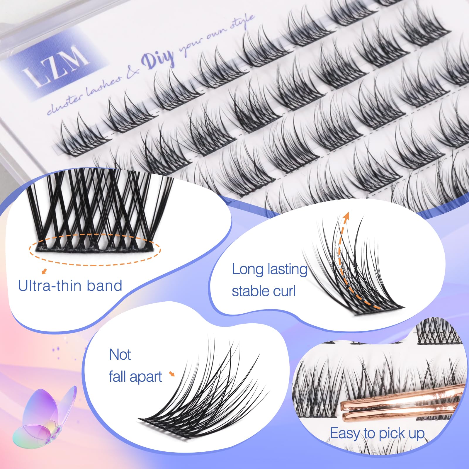 LZM Cluster Lashes 8-14mm Individual Eyelashes D Curl Individual Natural Reusable Lash Clusters Thin Band Natural Eyelashes (Wishes-D-Mix) - Image 3