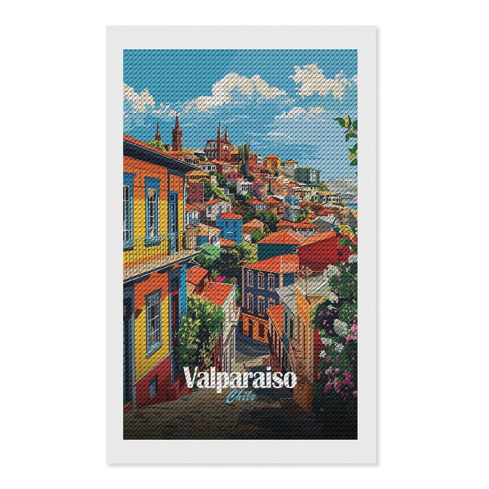 Junmoney Valparaiso, Chile Cityscape Diamond Painting Set 12"x20", Arts and Crafts, Wall Art Gift, Full Kit Included, Relaxing Handmade Project