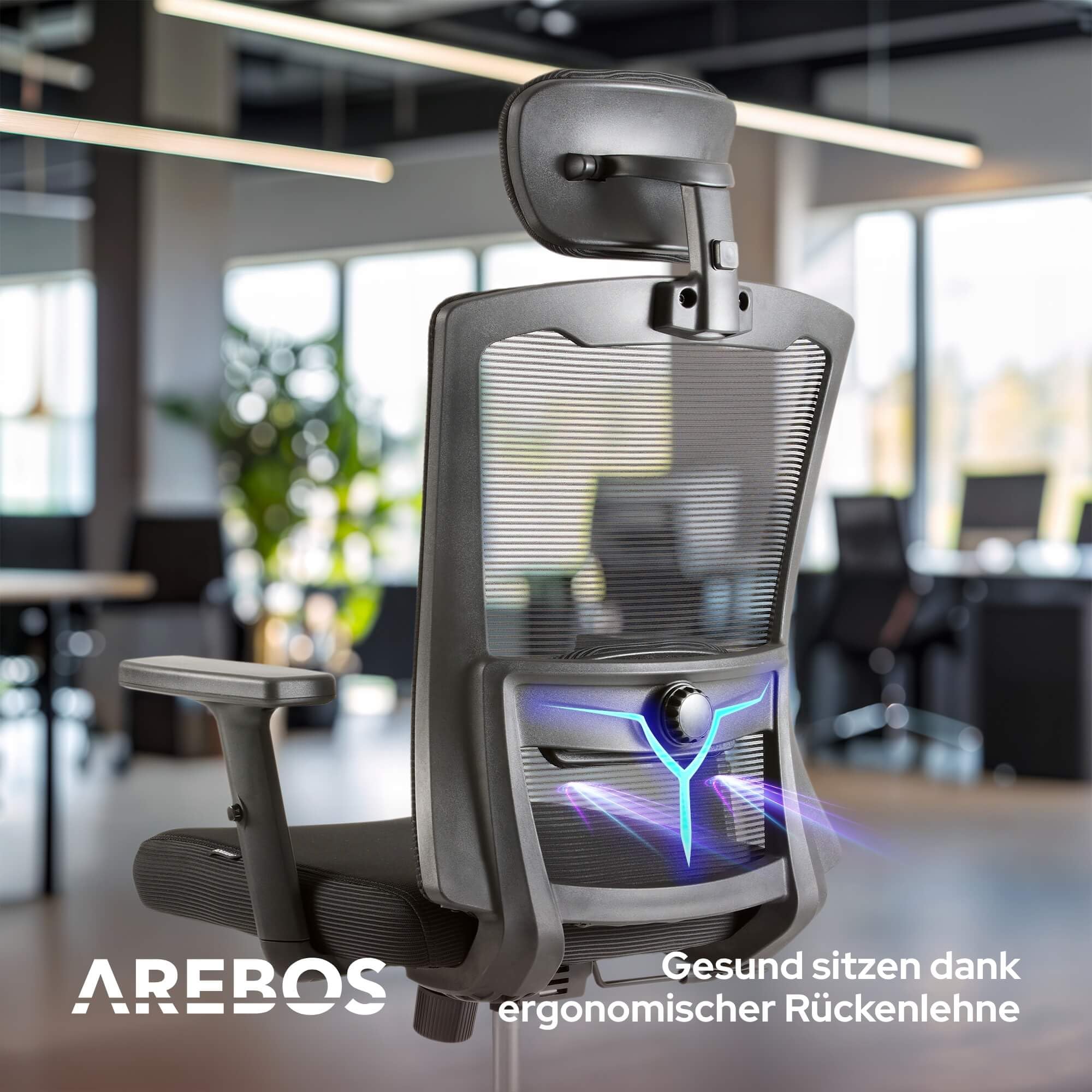 Arebos Bürostuhl Ergonomisch, Schreibtischstuhl mit Verstellbarer Kopfstütze, Armlehnen, Lendenwirbelstütze, Drehstuhl Wippfunktion, Chefsessel aus Mesh,Rückenschonend, Bürostuhl 136kg