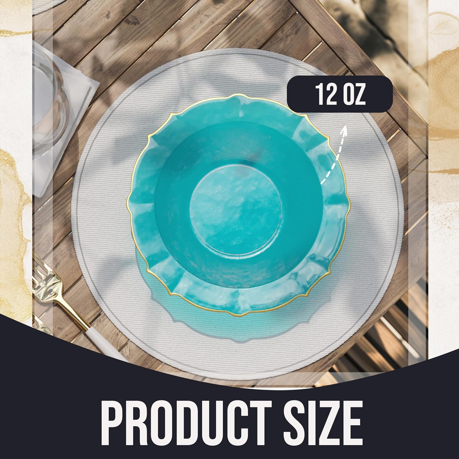 Exquisite Fancy Plastic Bowls 12 Oz Set of 120 - Disposable Soup, Ice Cream, or Salad Serving Bowls - Peacock With Gold Rim