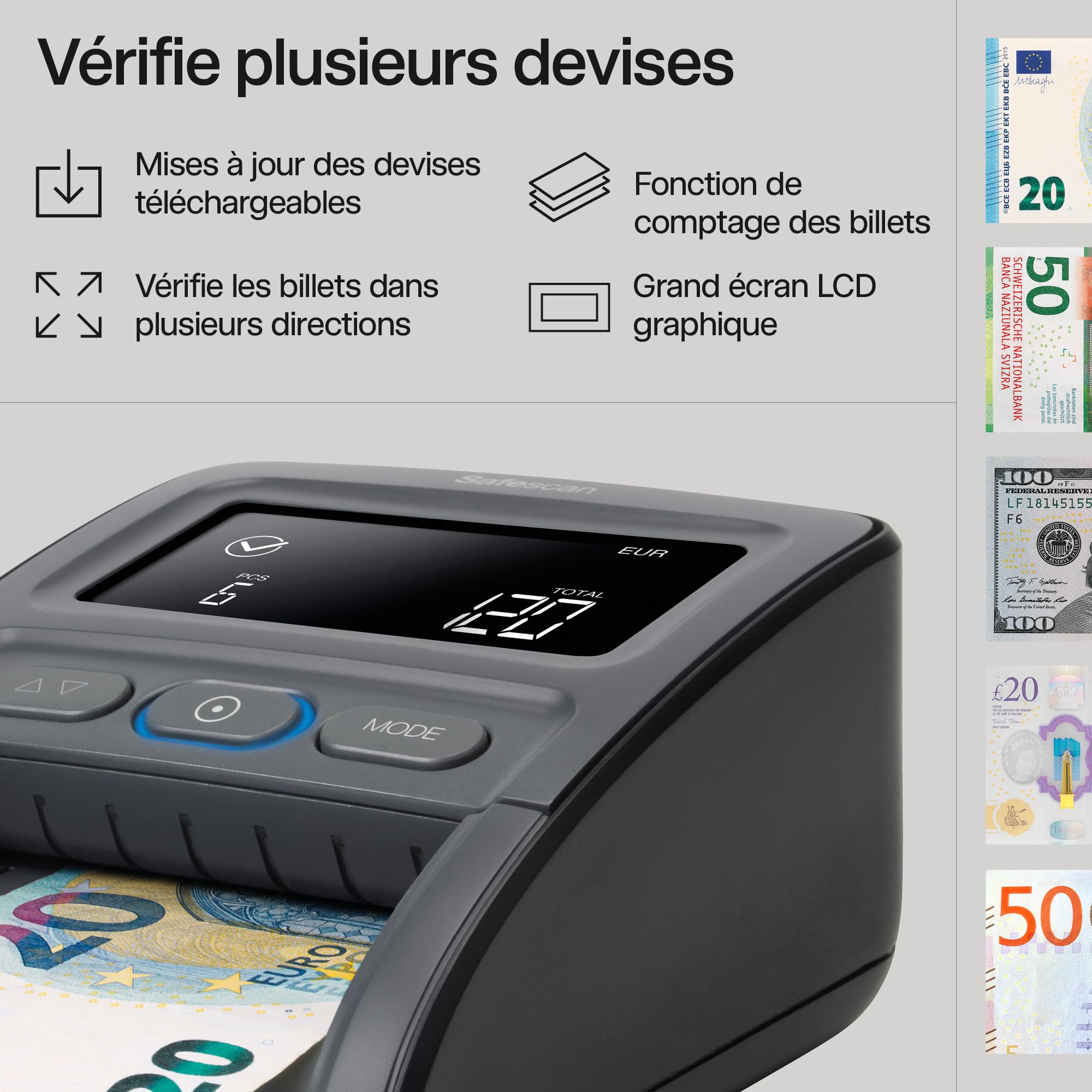 Safescan 155-S & RS-100 détecteur de Faux Billets Automatique pour vérifier Rapidement Les Billets - Détection sur 7 Points - Machine de vérification d'argent 100% précise avec empileur Inclus