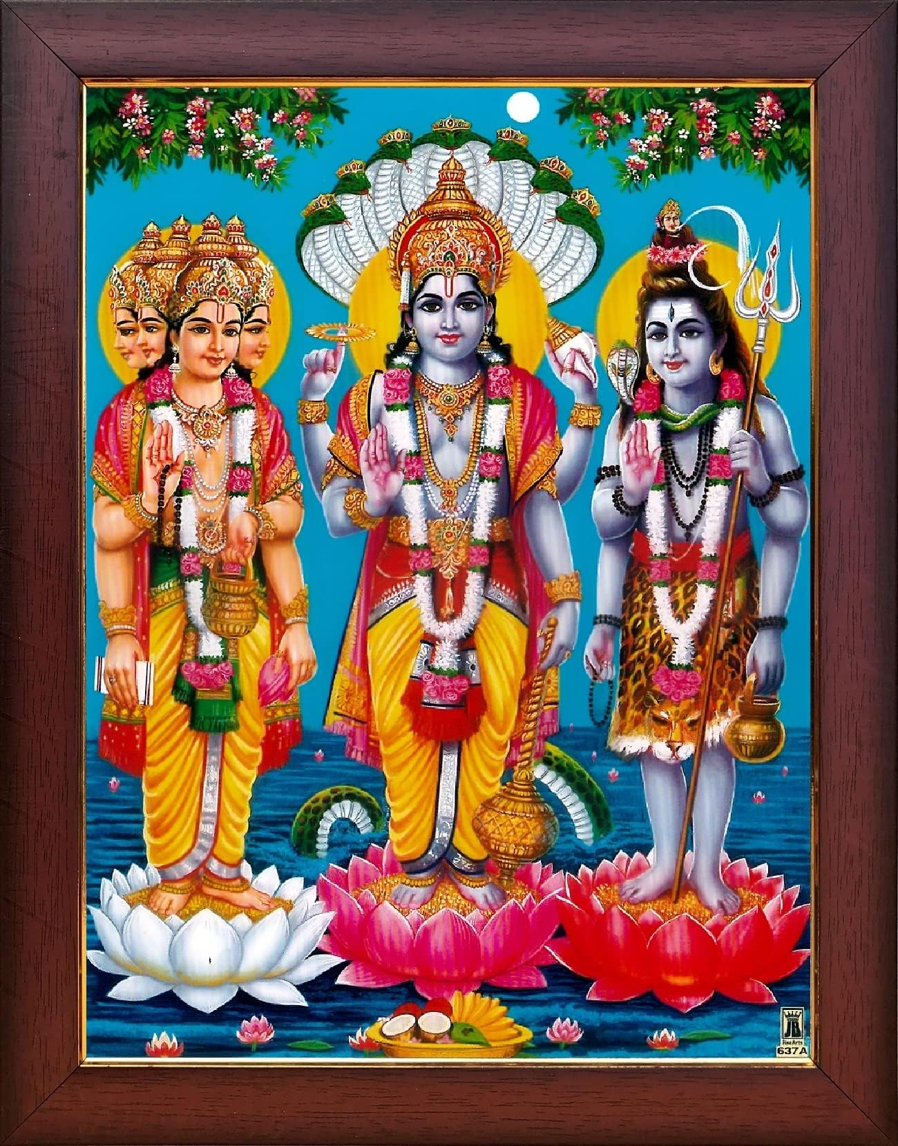 Garuda Photos - God Bramha Vishnu Mahesh Photo Frame; Trimurthulu; Trimurti; Thirumoorthy; Thirumurthy; Shiva; Siva; Sivan; Shivan; Shivshankar; Shivsankar; Brahma; Maheshwara (Small - with Stand)