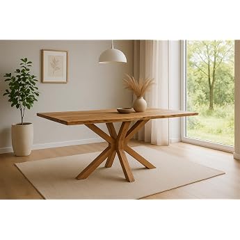 SAM Prague Dining Table, 140 x 80 cm, Solid Acacia Wood, Colour: Natural, Real Wane Edge, Spider Frame Wood, Easy-Care Dining