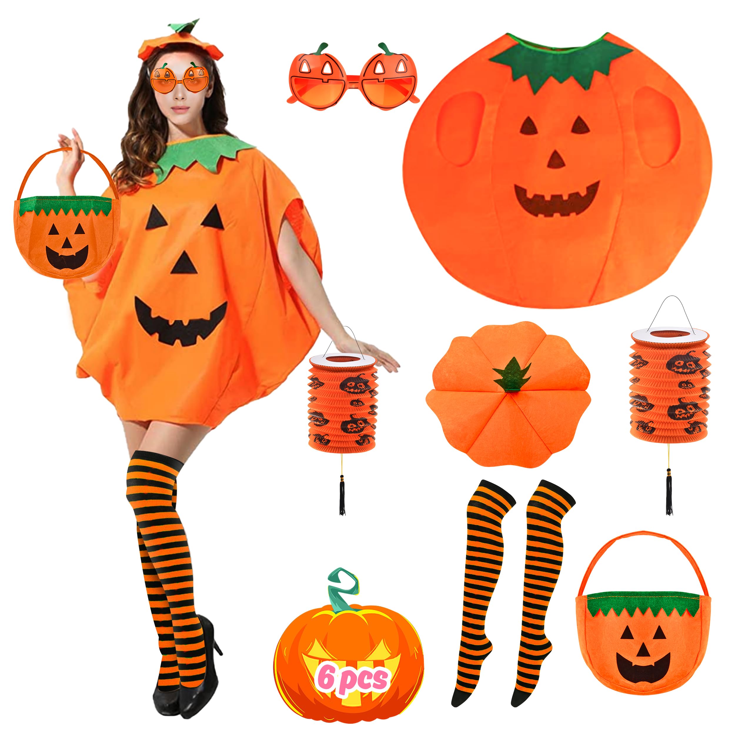 Abitoncc 6 PCS Halloween Pumpkin Costume for Adults With Socks Glasses, Hand Bag - Women's Fancy Dress Outfit