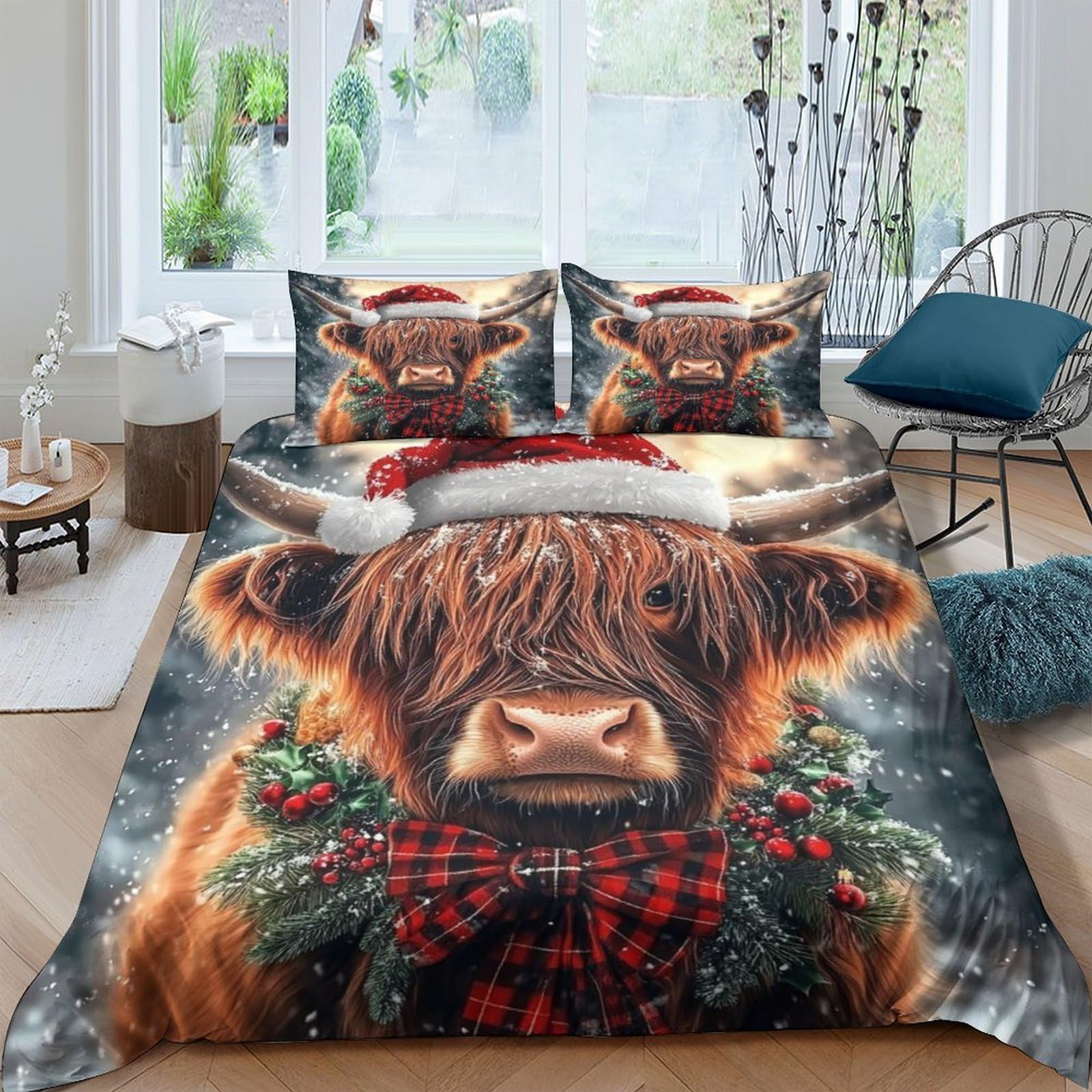 Ctjqhvkz Style-10 3D Printed Highland Cow Fitted Sheet Microfiber Soft Christmas Plaid Wreath Bed Cover For Bedroom Guest Room Decor Single（135X200cm）