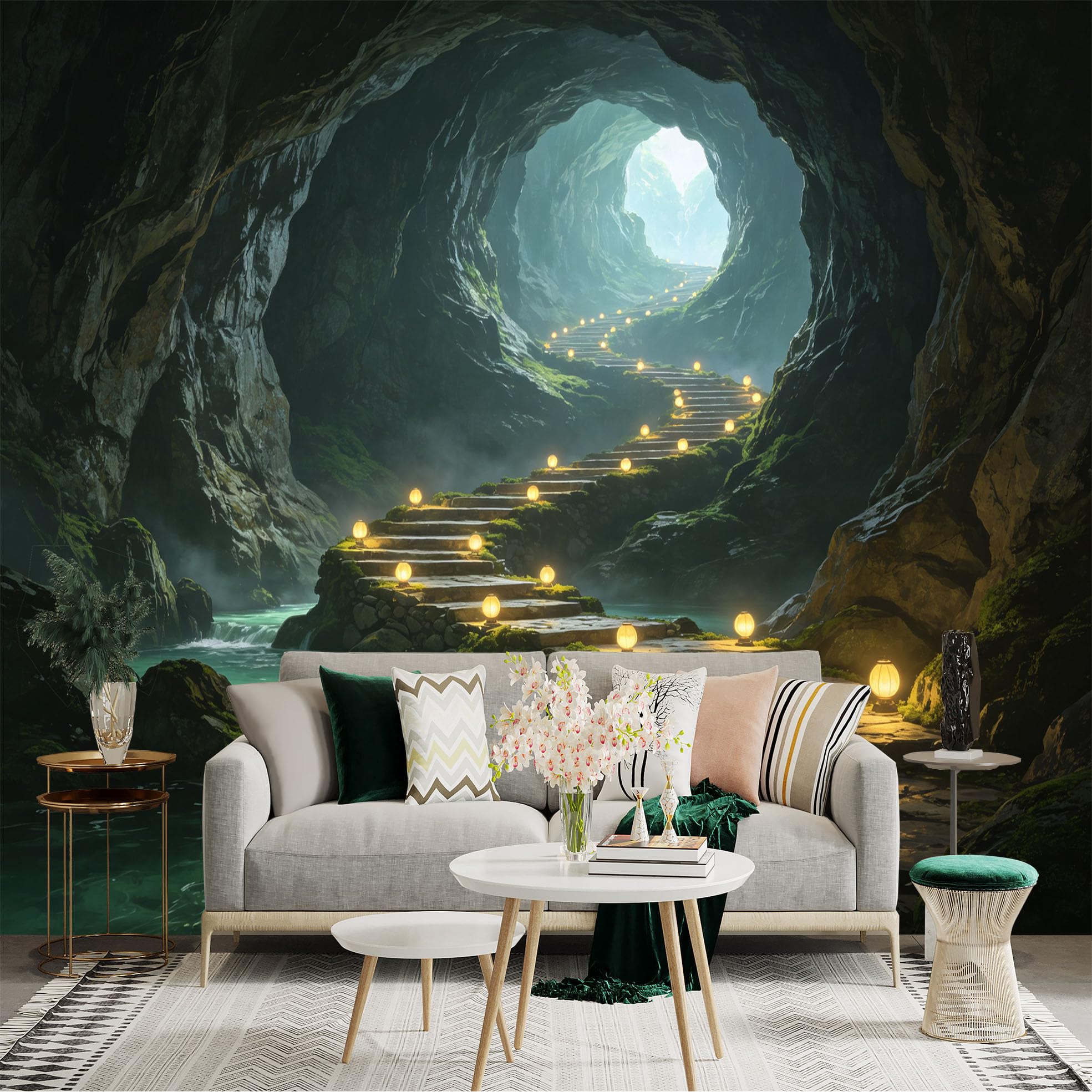 Custom Size Wall Sticker Mural， Enchanted Cave with Glowing Lantern Stairway， Mystical Underground River Scenery， for wall Decoration， peelandstick wall Decals.