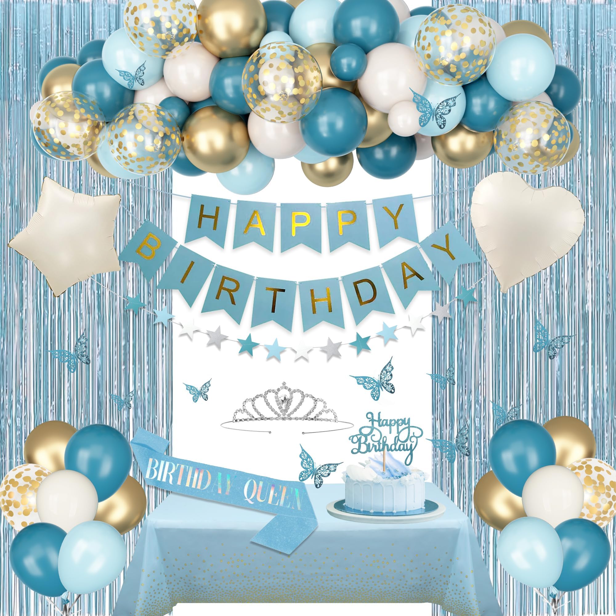BlueCloudy Blue Birthday Decorations for Women, Light Dusty Blue White Sand Foil Balloons Tablecloth Sash Crown Curtains Happy Birthday Banner Glitter Star Garland Topper Butterfly Party Decoration
