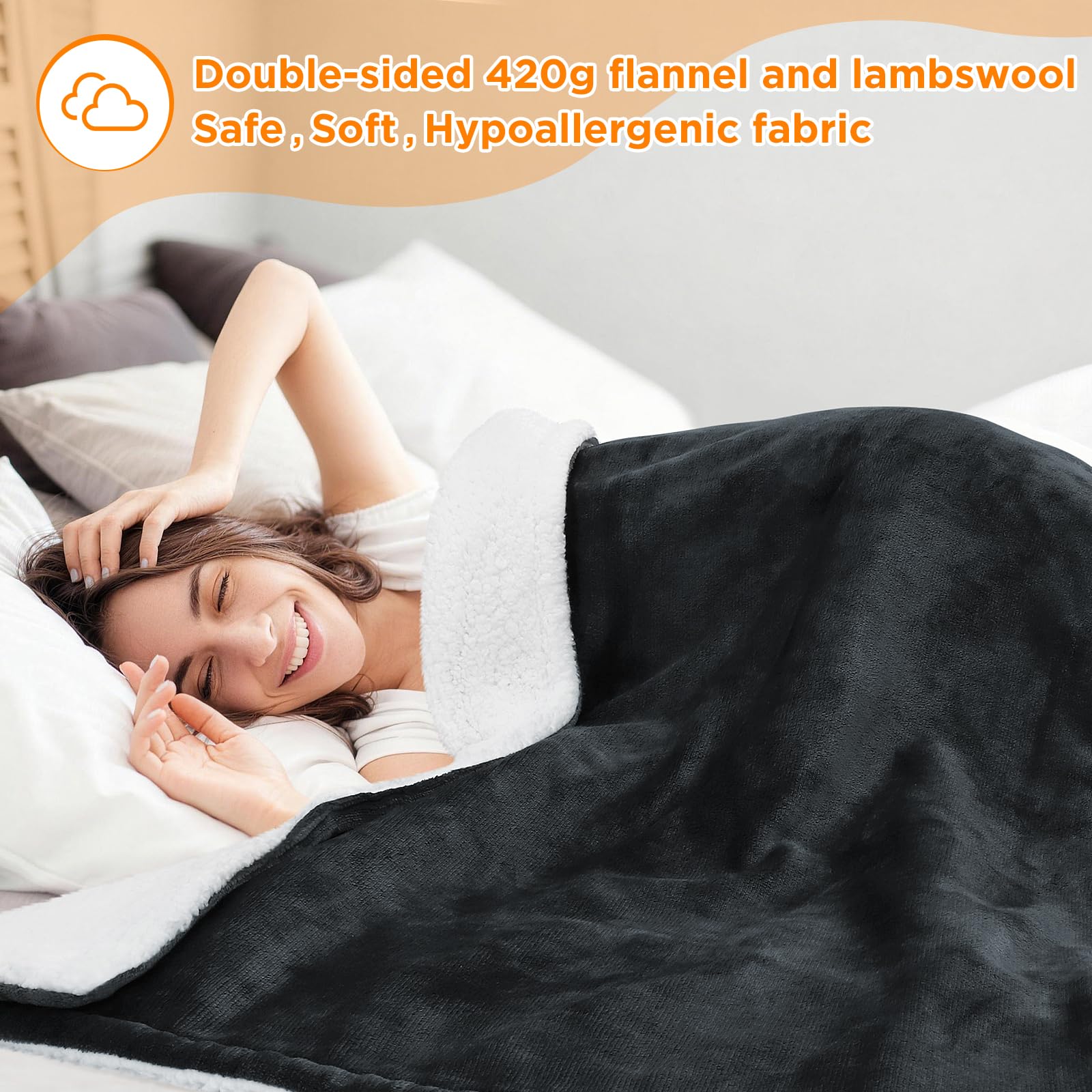 berssen Heizdecke mit Abschaltautomatik,6 Heizstufen,1-9 Stunden Auto-Off-Timer Überhitzungsschutz,Elektrische Kuscheldecke für Home & Office, 130x180cm,Mix-Grau