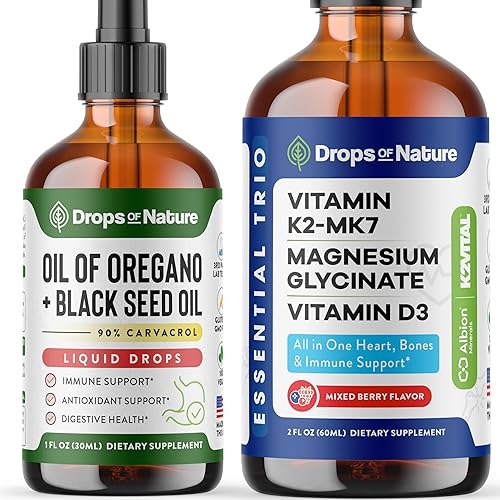 Drops Of Nature Glicinato de magnesio con gotas de vitamina K2 D3 (baya mezclada, 2.0 fl oz) y aceite de orégano con aceite de semilla negra gotas