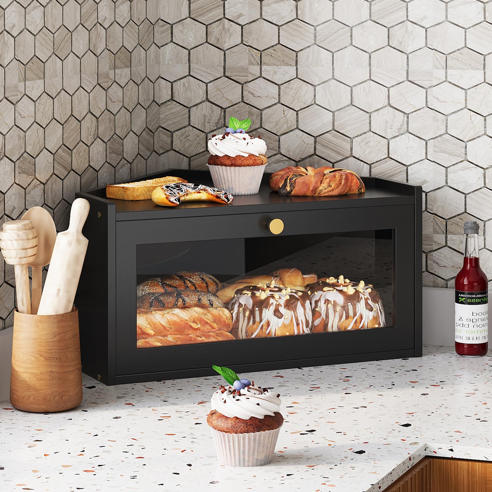 VEDECASA Boîte à pain d'angle en bambou pour la cuisine Grand bac à pain avec porte en acrylique Économisez de l'espace dans la cuisine avec ce bac à pain de style vintage pour le pain fait maison