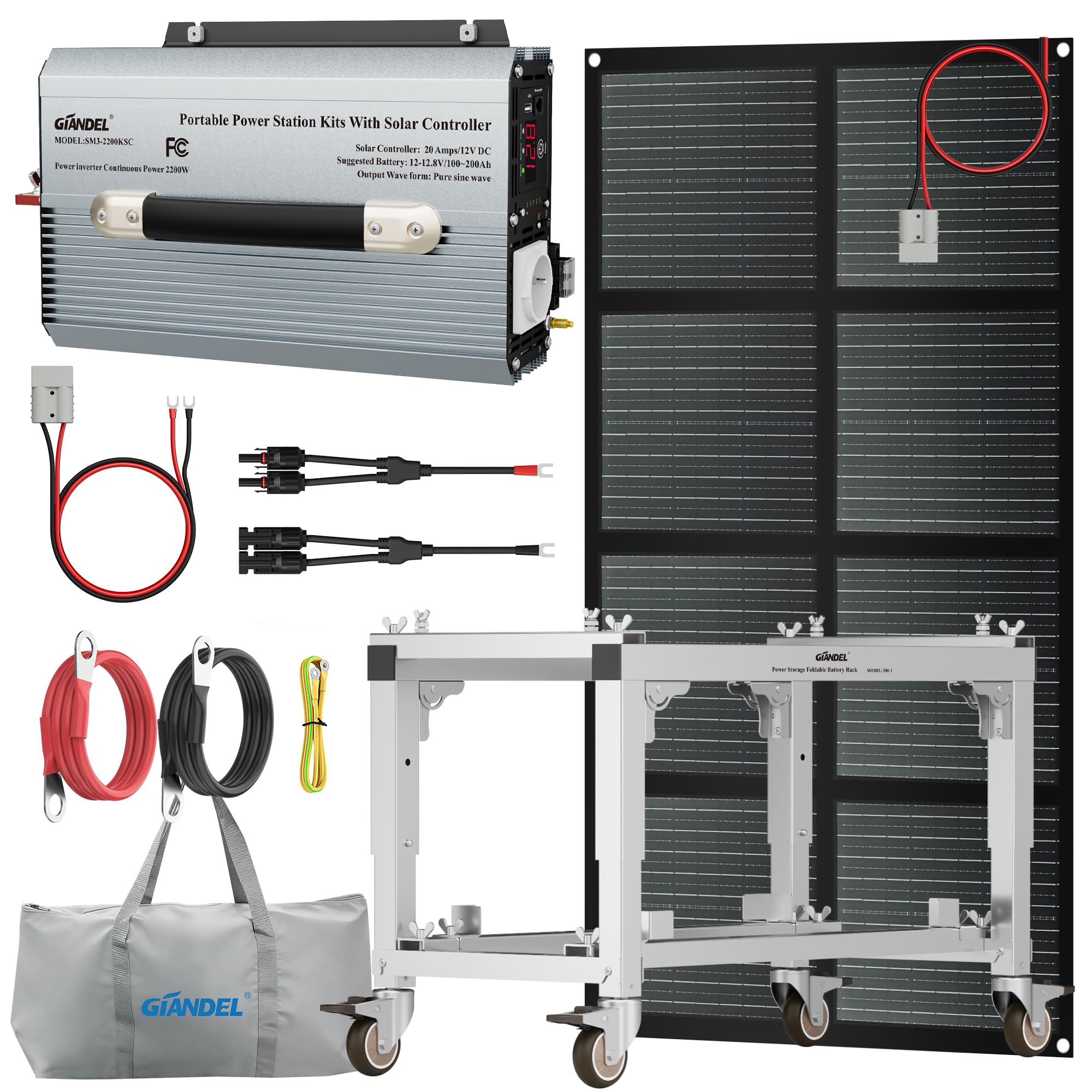 GIANDEL Kit de sistema de energía solar portátil de 2200 W, 12 V, kit de sistema de inversor fuera de cuadrícula: soporte de batería plegable+inversor de onda sinusoidal pura de 2200 W con regulador