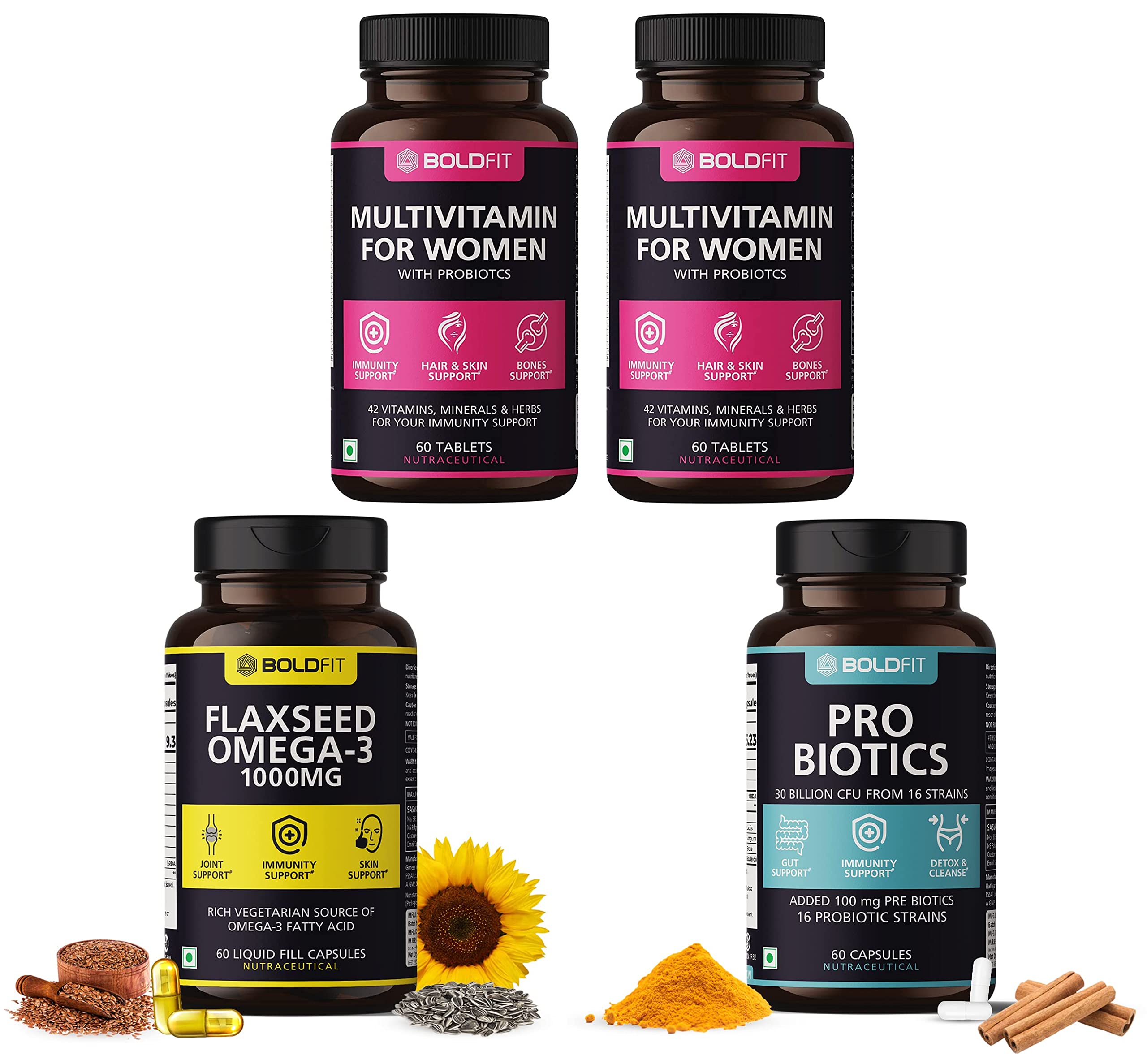 Probiotics Supplement 30 Billion CFU with 16 Strains & Prebiotics - 60 Capsules, White & Flaxseed Oil Capsules 1000mg - 60 Veg Capsules. & Multivitamin Tablets For Women - 120 Veg Tablets