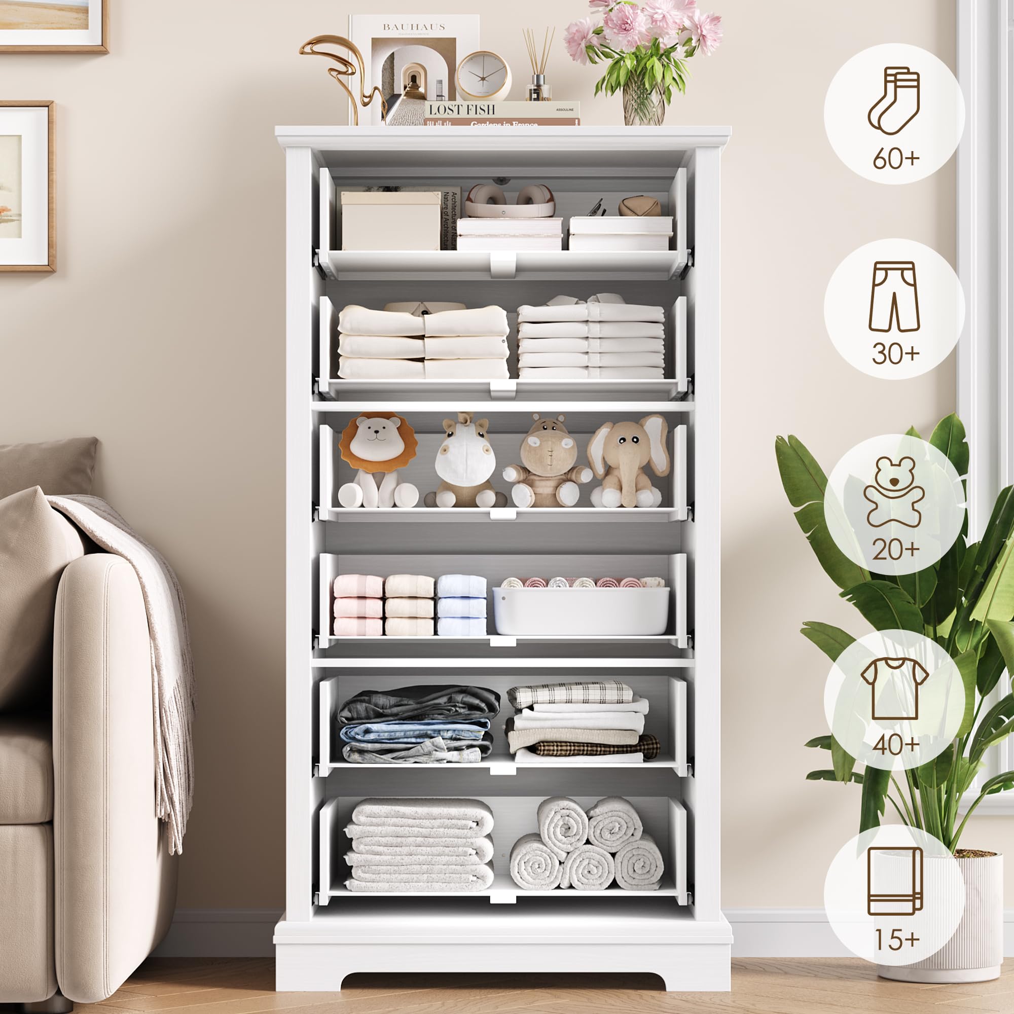 Cómoda de 131 cm de alto, color blanco con cajones, vetas de madera