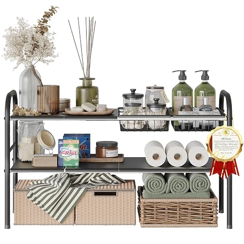 NETEL Under Sink Organizers and Storage, 2 Tier Expandable Under Cabinet Organizer Shelf with 2 Baskets and 6 Panels, Expandable Shelf for Cupboard, Kitchen, Bathroom, Shoe Storage Rack