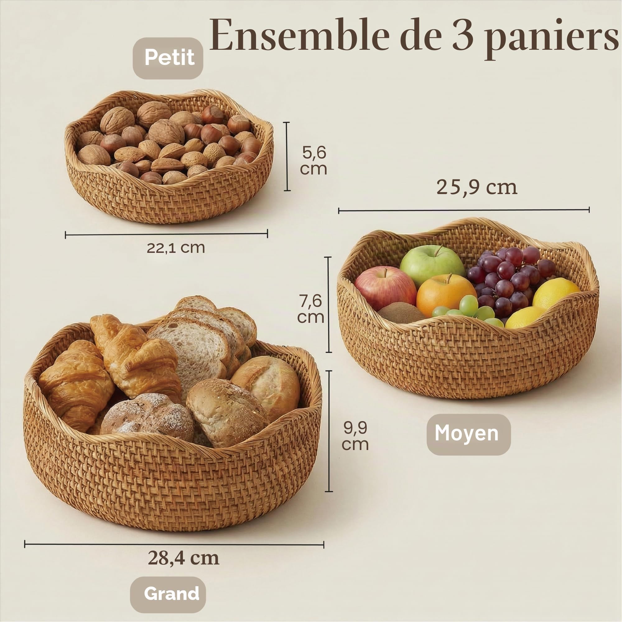 Panier de Rangement Rond en Rotin, Corbeille de Fruits en Osier, Organisateur Tressé Naturel pour Cuisine/Salle à Manger (Vague)