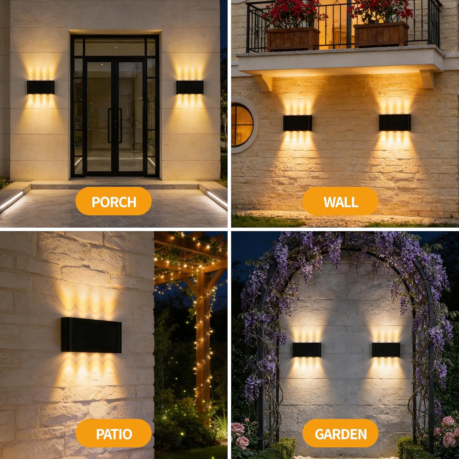 Solar Wall Lights Outdoor 2 Pack, Up and Down Solar Wall Sconce, 3000K Warm White Dusk to Dawn, IP65 Waterproof Exterior Mounted Lights, Up to 16H Runtime for Porch, Doorway, Entryway