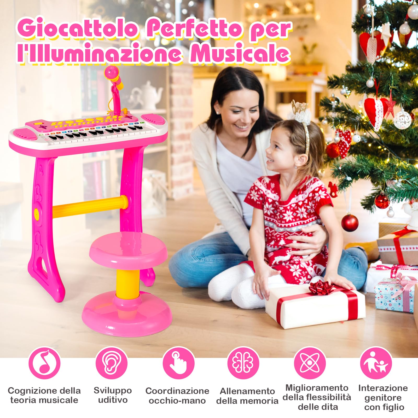 GYMAX Pianoforte Elettronico Giocattolo con Sgabello e Microfono, Tastiera da Pianoforte a 31 Tasti per Bambini, 22 Demo, 3+ anni, 45 x 23 x 45 cm (ROSA)