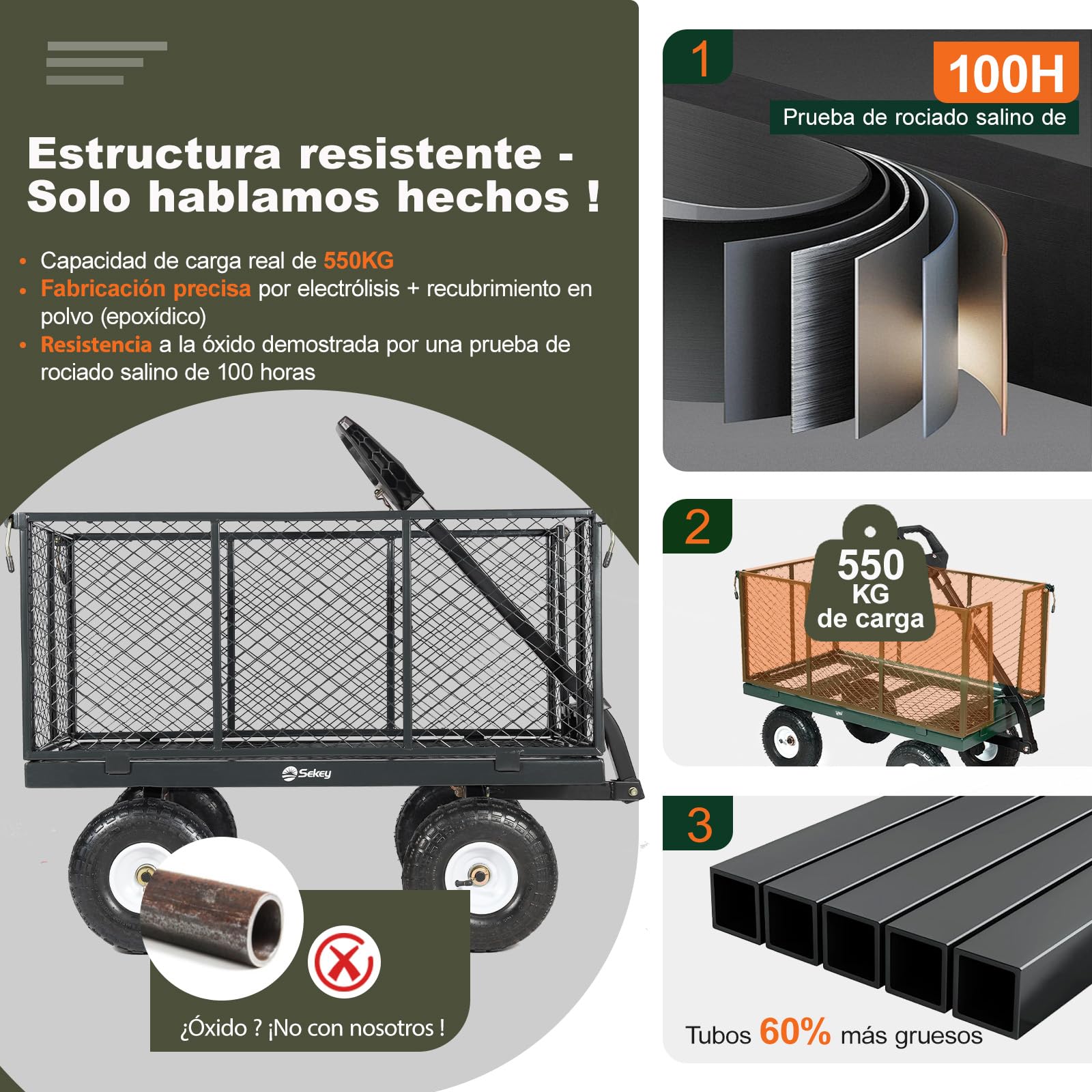 Carro de jardín Titan – Capacidad de Carga 550 KG, Carretilla de Transporte para Equipos con Mango Patentado, Neumáticos inflables de Caucho Completo, 200L, Gris