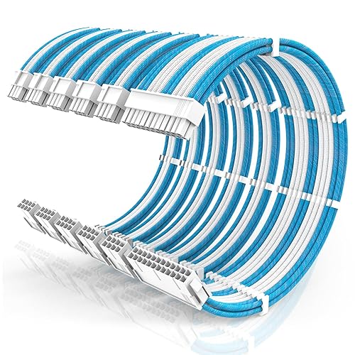 16AWG PSU Cable Extension Kit with Cable Combs,1x24pin ATX/2x8pin(4+4) EPS/3x8pin(6+2) PC Sleeved Cables 30cm Length,Power Supply Extension Cable Kit(Blue/White) - 6-Pack - Blue/White