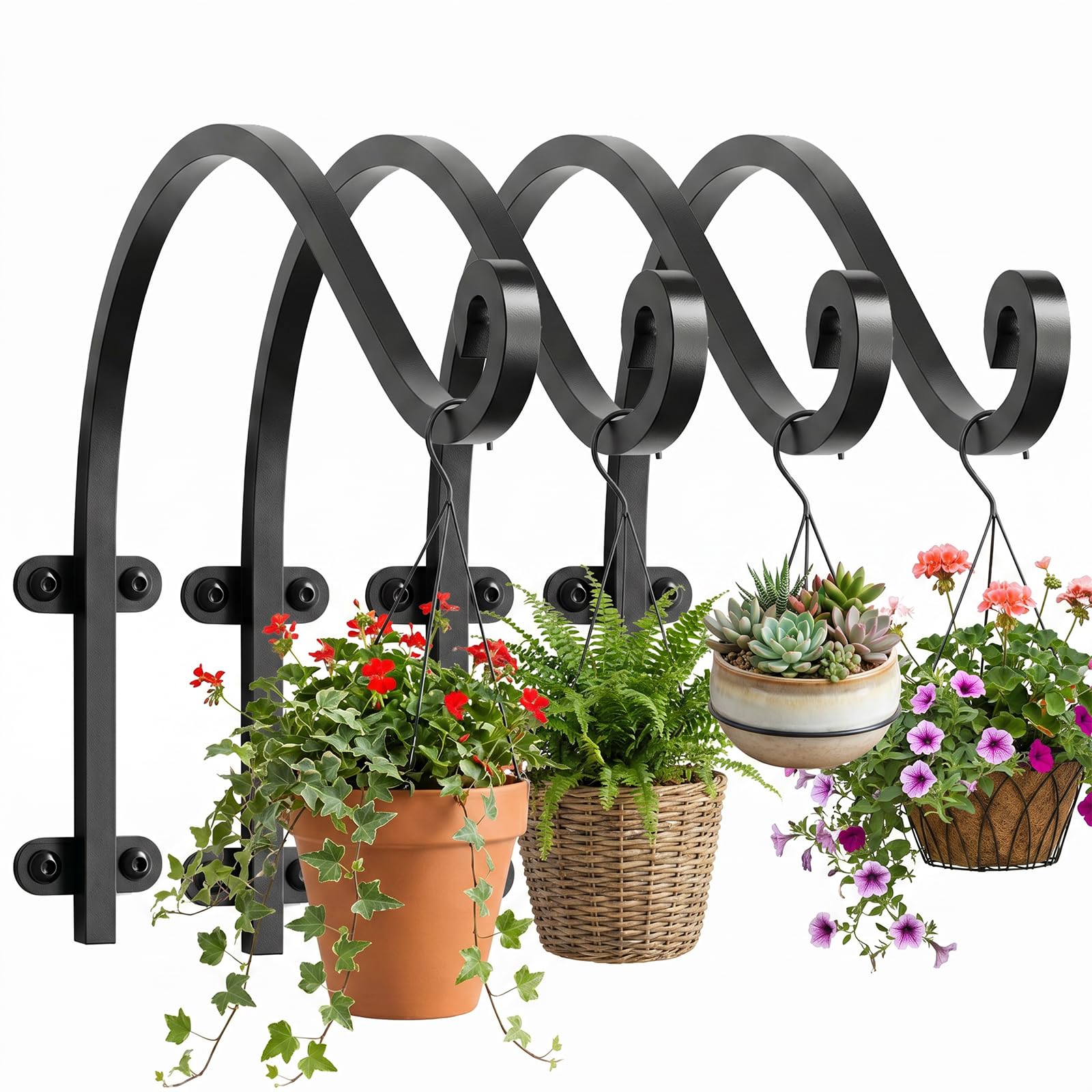 Evadow Black 4 Pack 12Inch Hanging Basket Brackets For Outdoor, Heavy Duty Metal Wall Planter Hanger Garden Hanging Flower Basket Bracket For Flowerpots, Bird Feeder, Wind Chime, Lanterns