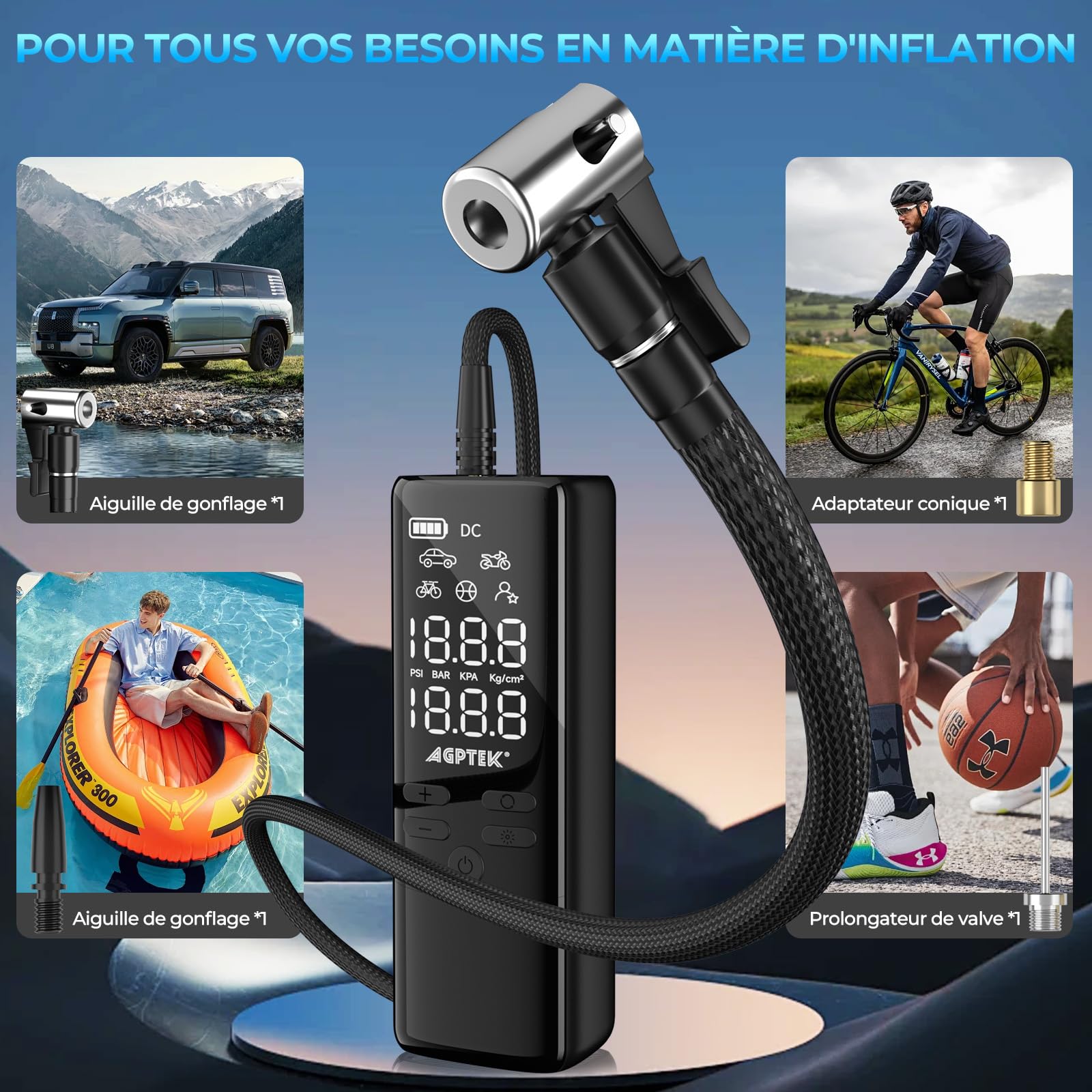 AGPTEK Mini Pompe à Voiture, Mini Compresseur à Air portatif, 7500mAh 12V DC, Portable Gonfleur Electrique pneus Voiture sans fil, 150PSI & 5 modes, LED et Arrêt auto pour les vélos, motos, balles