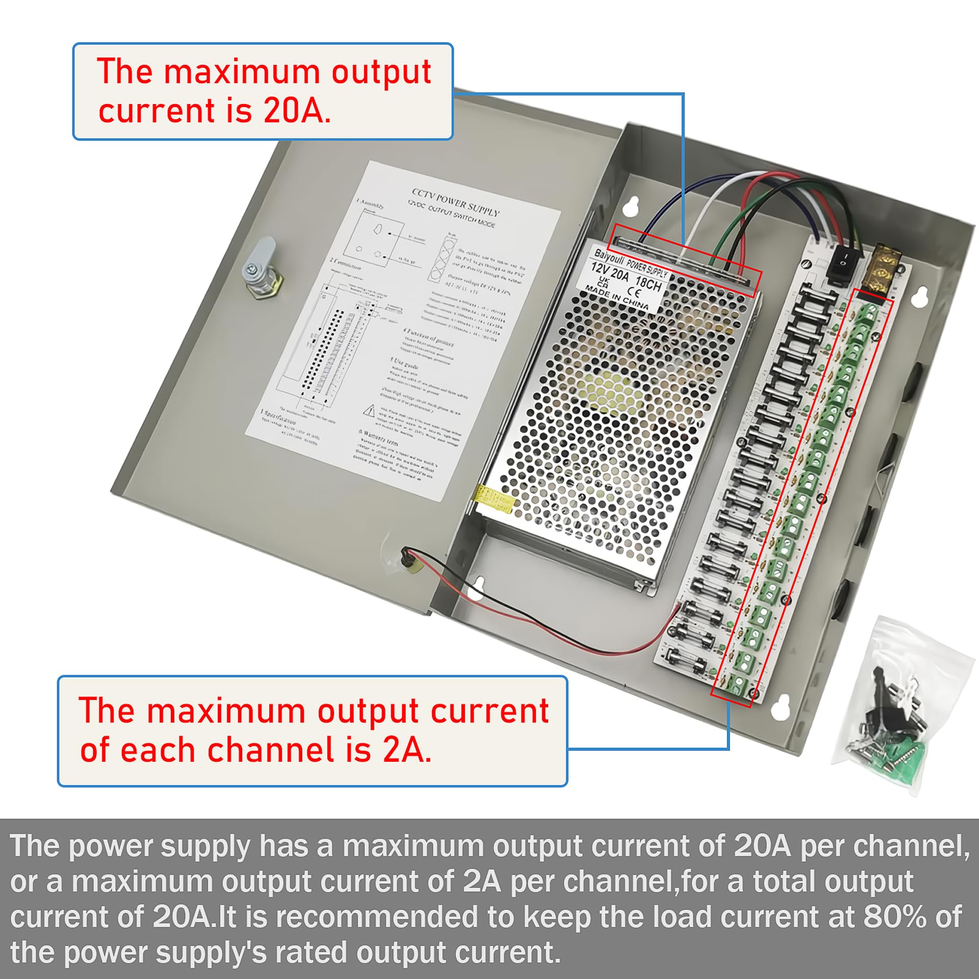Fuente de Alimentación 12V 20A 240W, 18 Canales Caja de Alimentación para Cámaras CCTV y Vigilancia, Alimentación Centralizada Apto para DVR y Tiras LED