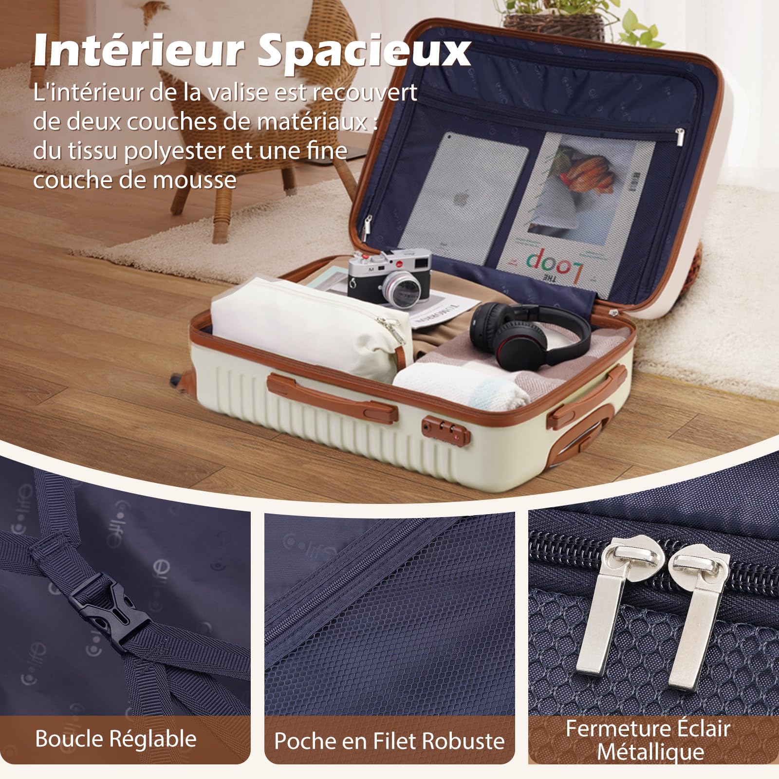 COOLIFE Valise, 5 Pièces Set de Valise avec Sacs de Voyage et Trousse de Toilette pour Les Voyages en Famille, Serrure TSA et roulettes Pivotantes à 360° (Blanc/Marron, Set 5 Pièces)