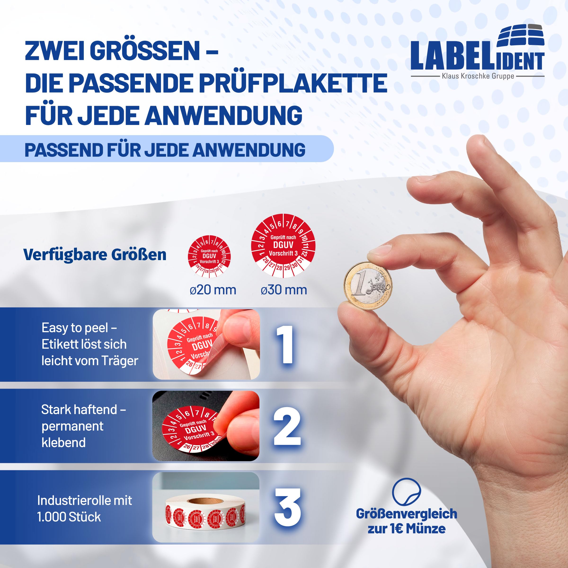 Labelident Prüfplaketten Geprüft nach DGUV Vorschrift 3 - Ø 20 mm - 1.000 auf Rolle, 2026-2031, selbstklebend