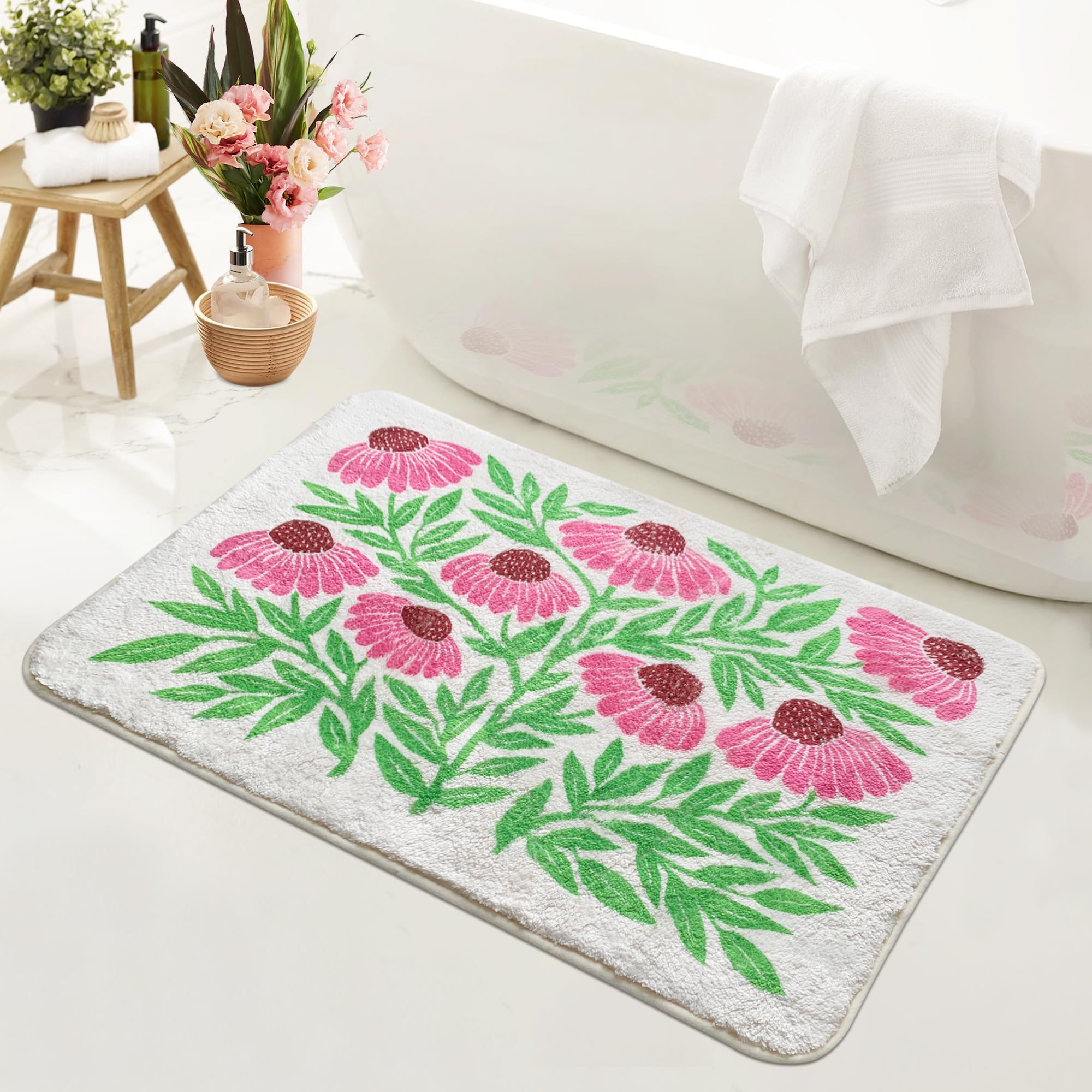 SHIYUE Cute Flower Bath Mat for Bathroom Rugs, Ultra Soft and Fluffy Microfiber Water Absorption Non Slip Mat for Bedroom Kitchen Bathroom Toilet Floors(18"×26" Pink Green)