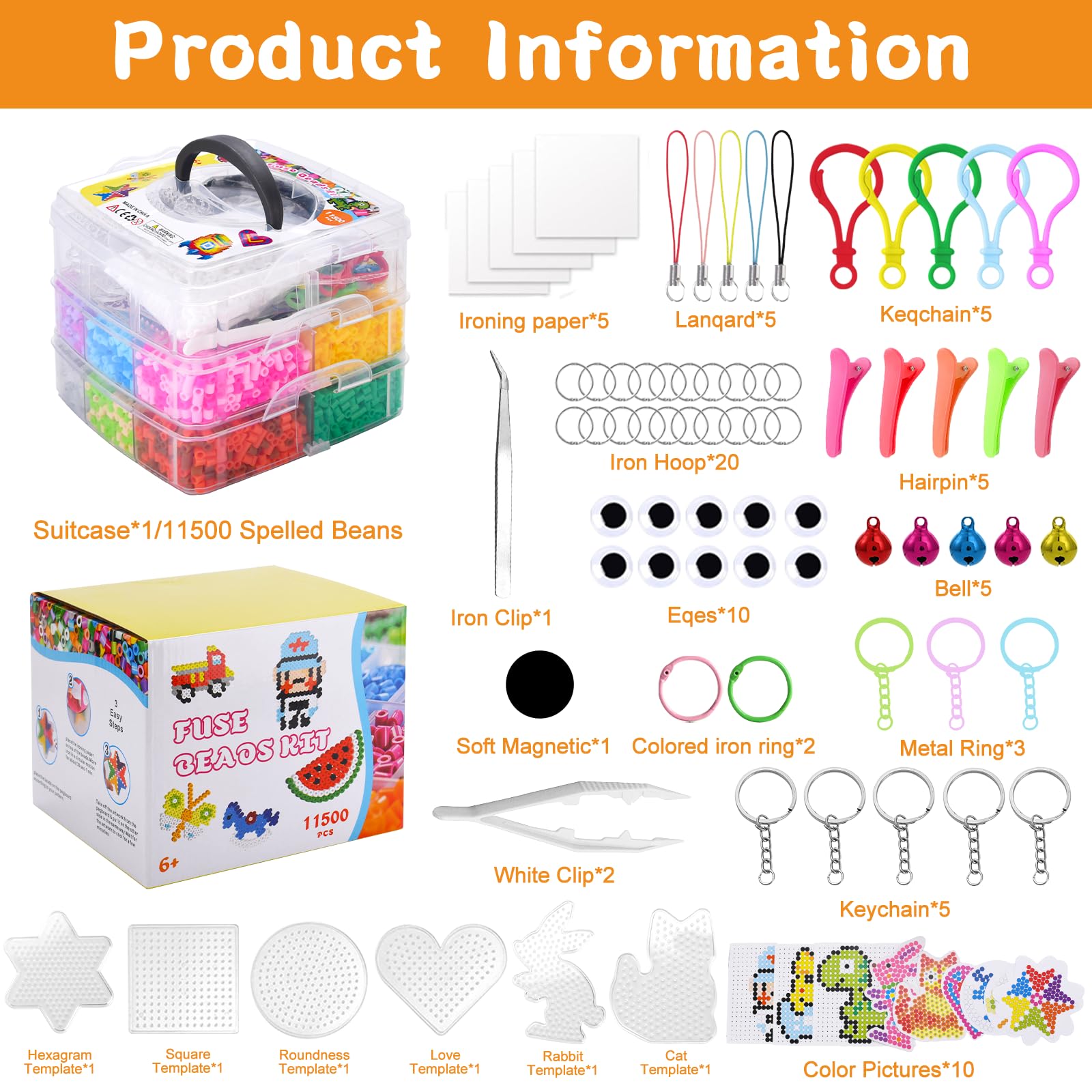 JOYBOY Perline da Stirare Set,11500 pcs Perline a Fusione,Fusione Kit Creativo Fai da Te,Set di Perline da Stirare,Perline da Stiro,Artigianali Fai Set con Carta Stiro,Stirare Pegboard e Accessori
