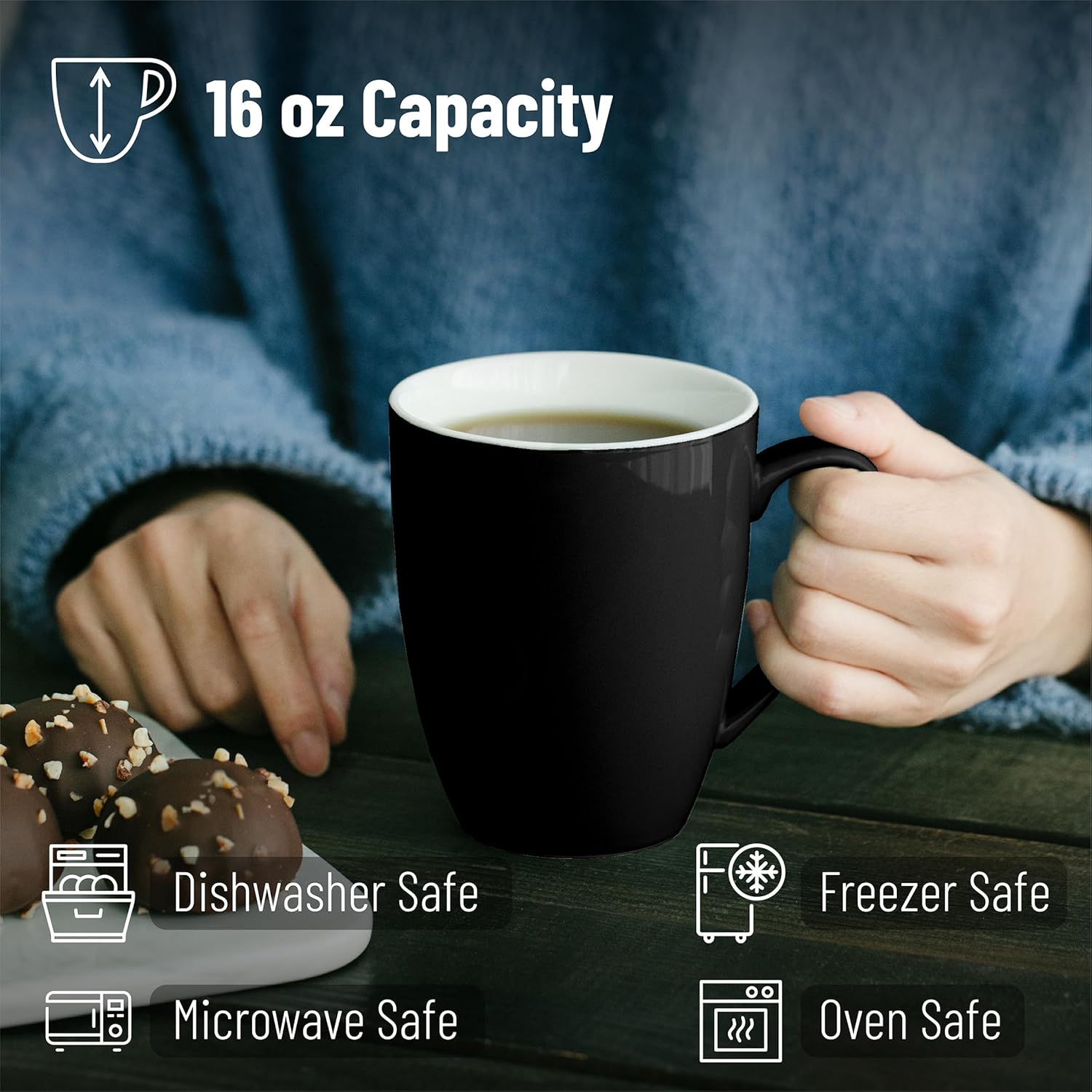 BTaT- Porcelain Coffee Mugs Set, 16 Ounces, 4 Pack, Black Ceramic Coffee Mugs with Handle, Restaurant Cups for Mocha, Tea, Cappuccino, Cocoa, Cereal, Mug Gift Set, Dishwasher and Microwave Safe - Image 3