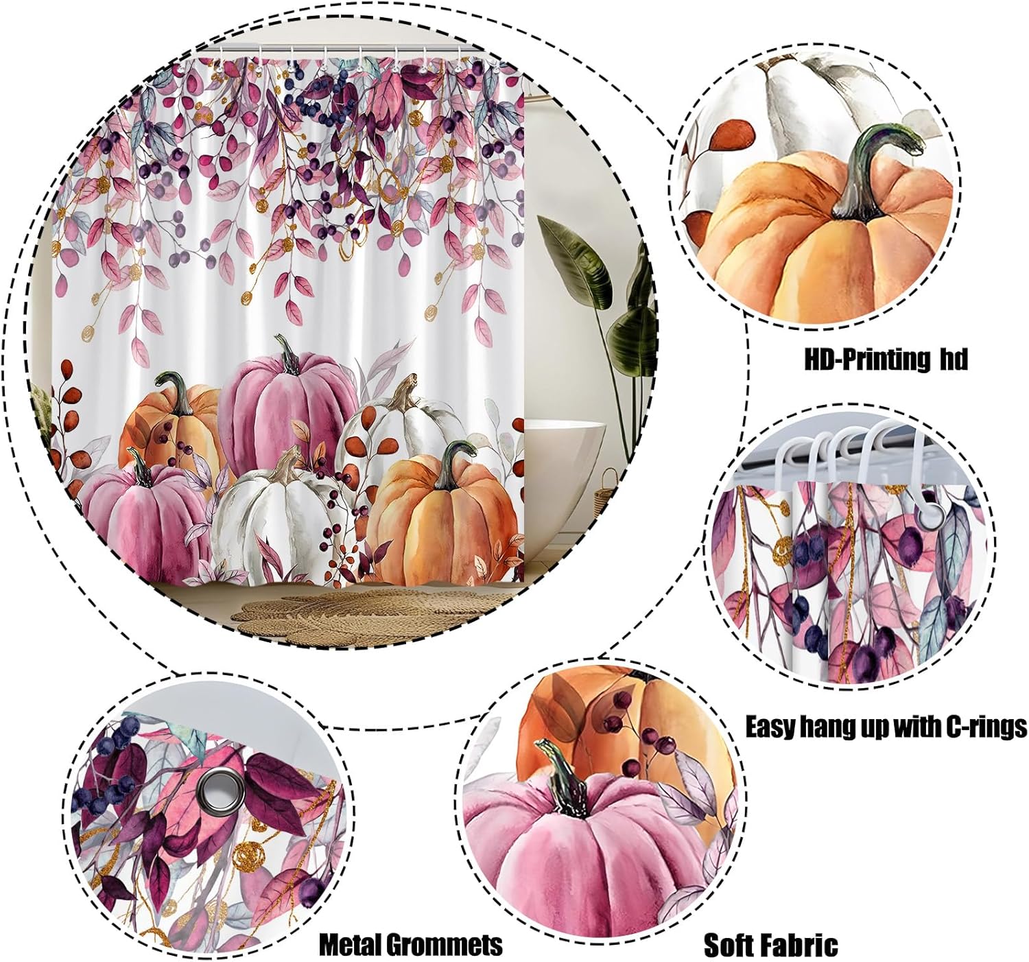 Fall Thanksgiving Shower Curtain,Pumpkin Leaf Watercolor Weeping Leaves Autumn Pink Orange Polyester Bathroom Curtain with 12 Hooks,Bathtub Home Decor,70x84 Inch