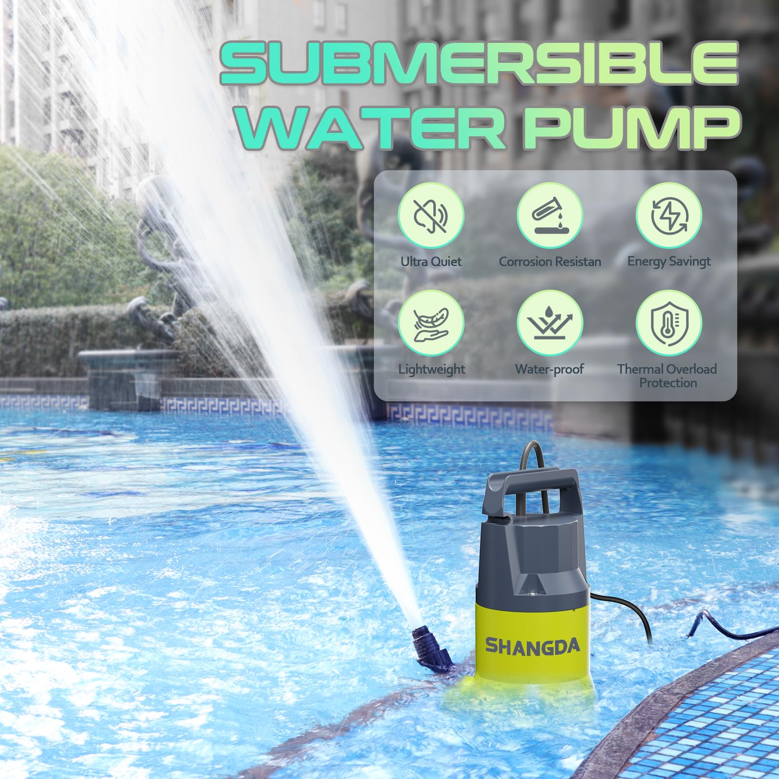 Zatapialna pompa ściekowa 1,5 HP 5500 GPH przenośna pompa spustowa do basenu, piwnicy, jacuzzi, ogrodu z adapterami