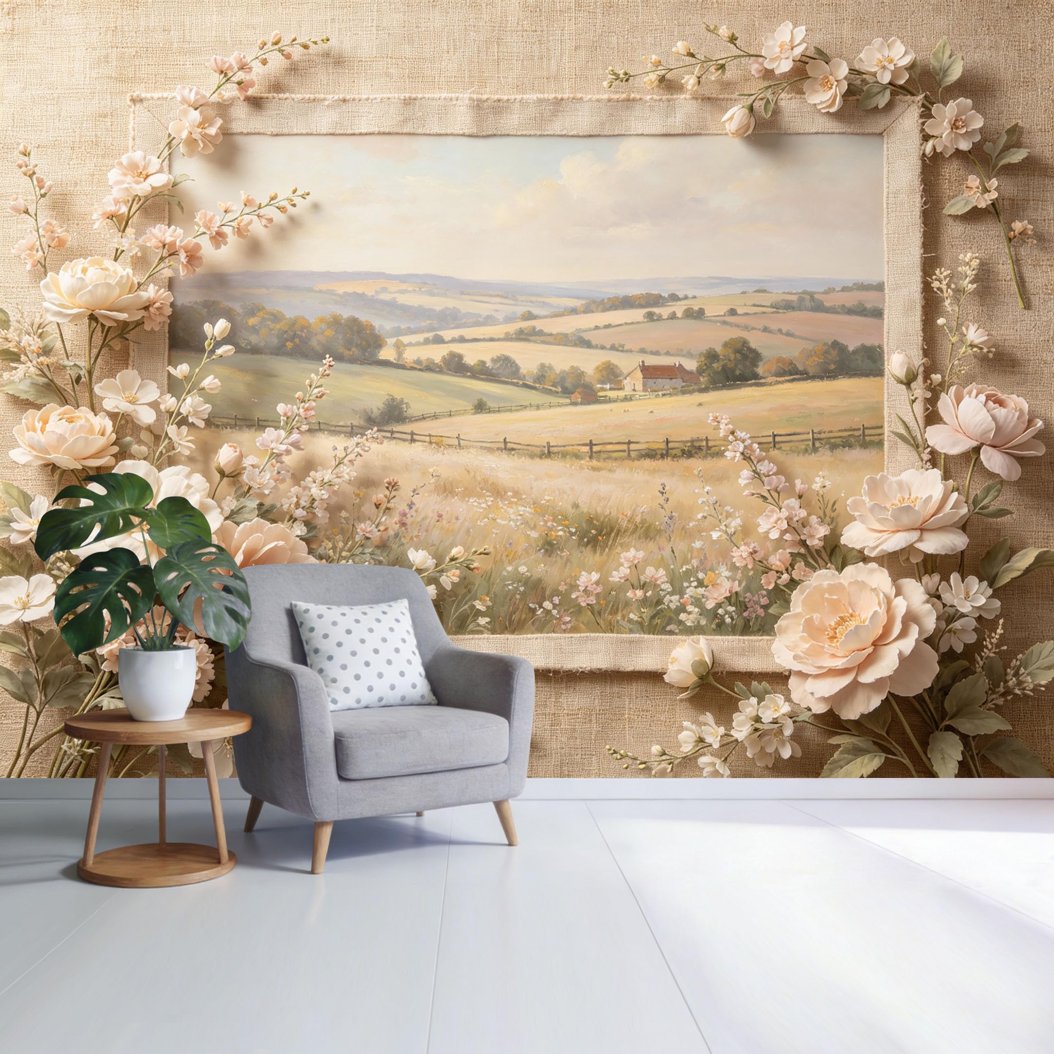 Custom Size Wall Mural Pastoral Landscape Flower Field Farmhouse Botanical Vintage Watercolor SelfAdhesive Wall Fabric Removable Wallpaper for Home Office Decor