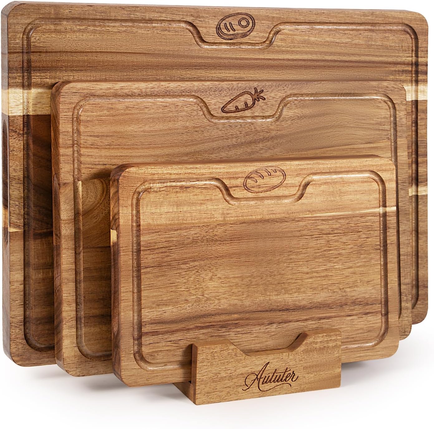 Acacia Wood Cutting Board Set of 3 with Holder – Large Wooden Chopping Boards with Deep Juice Grooves, Reversible Kitchen Cutting Board for Meat, Vegetables, Bread & Serving