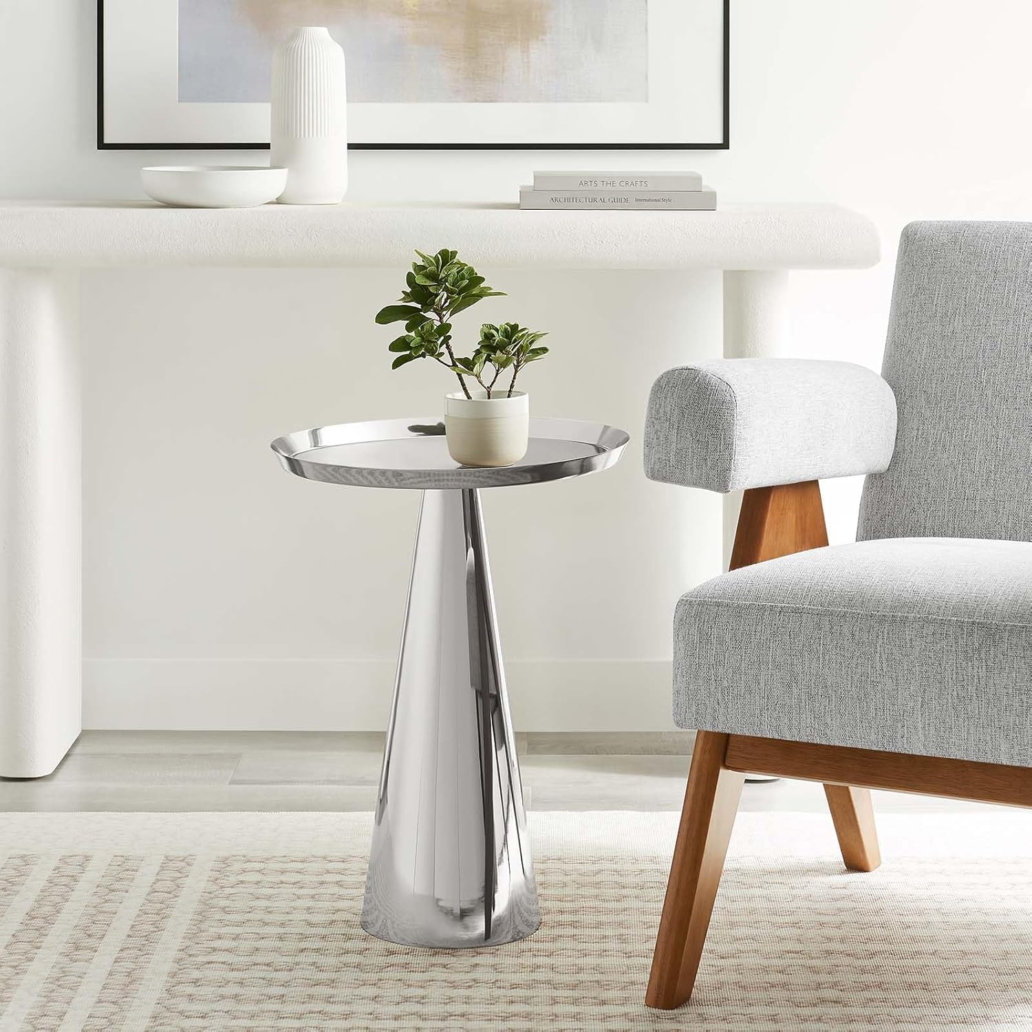 Nickel Round Metal Pedestal Side Table with Storage