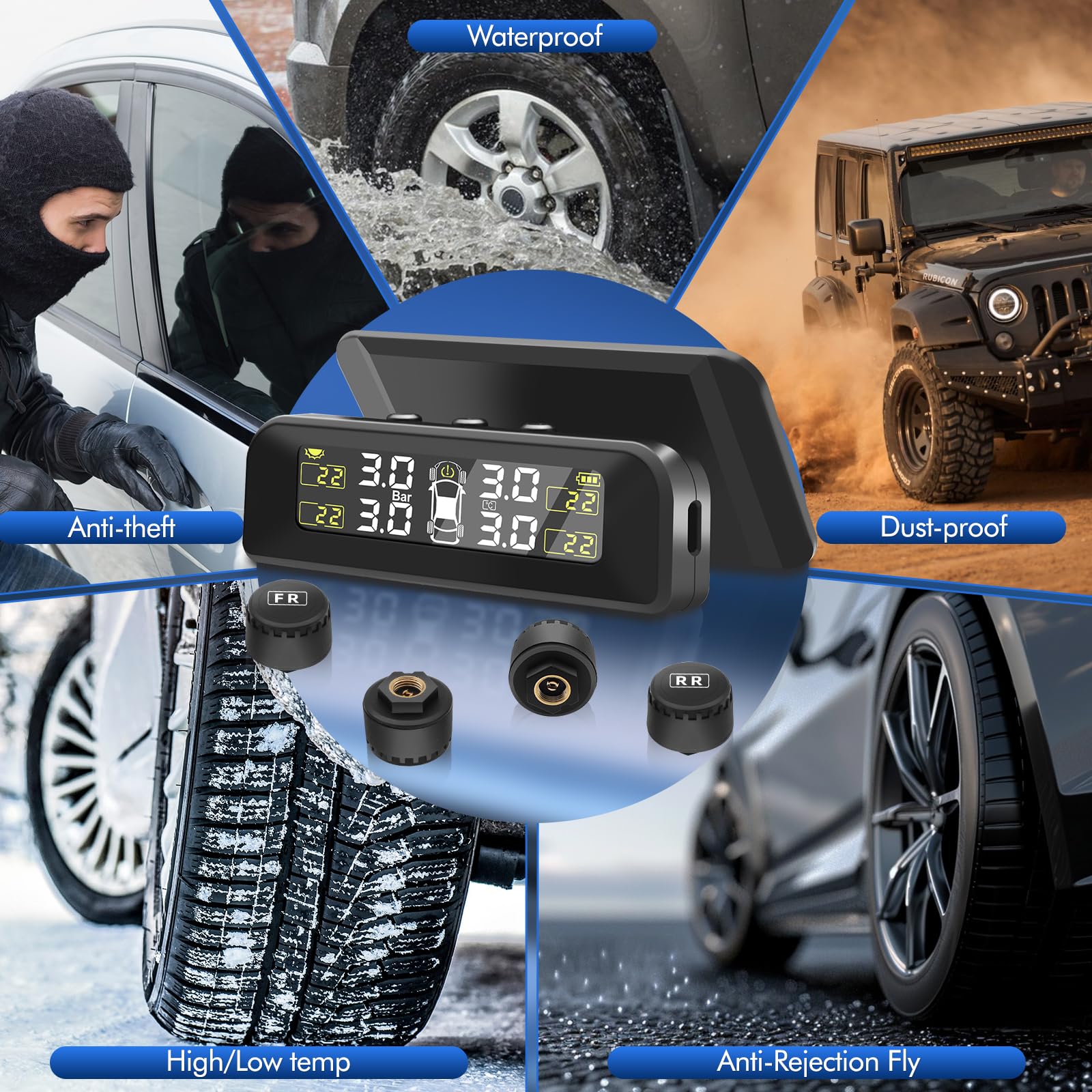 TPMS Sistema Di Monitoraggio Della Pressione Degli Pneumatici Ricarica Solare Senza Fili e USB, 5 Modalità Di Allarme, 4 Sensori Pressione Pneumatici per Auto, SUV, Furgoni