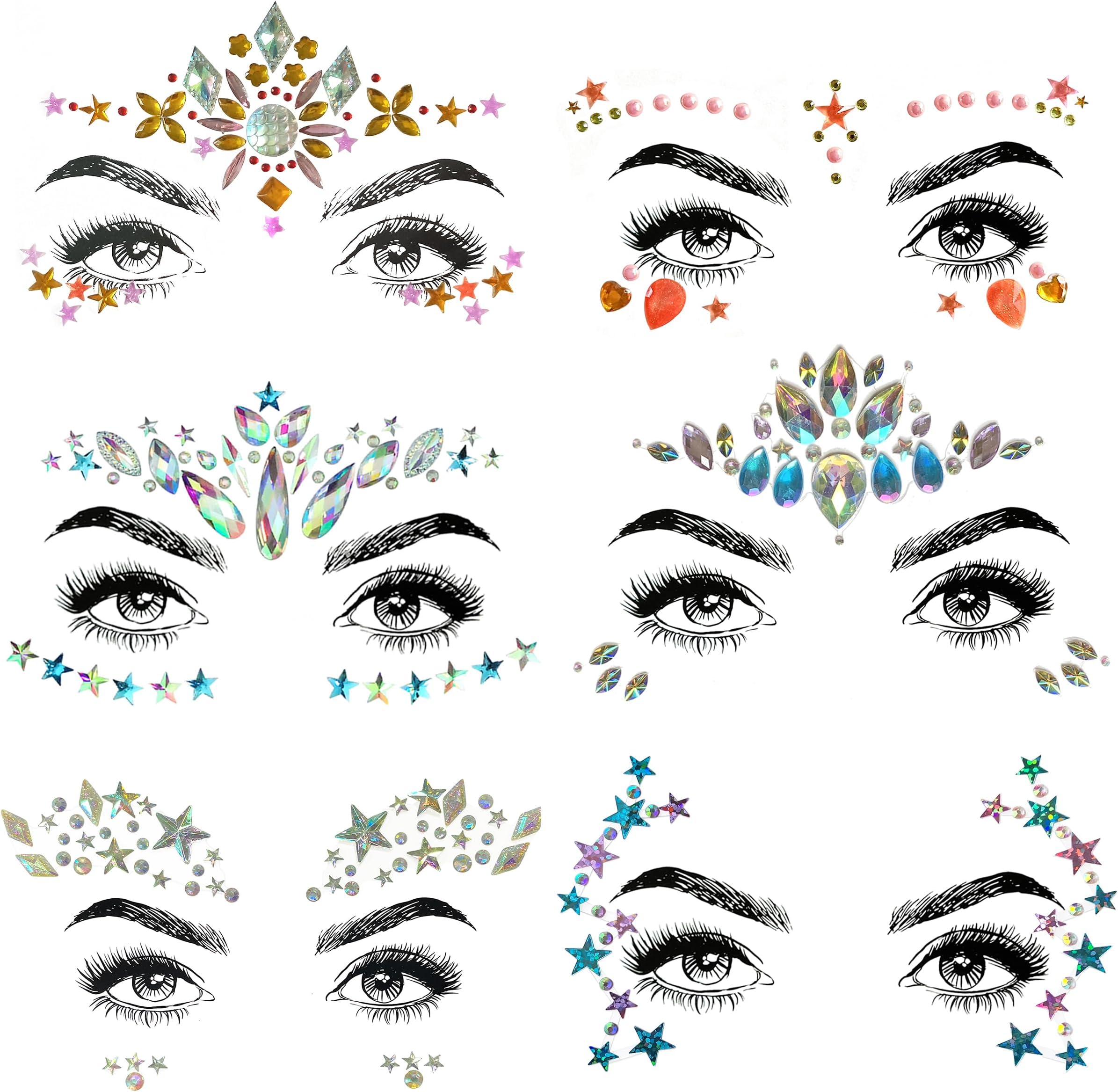 6 Pcs Gemstone Face Stickers for Music Festival Holiday Party, Rhinestone Face decal for Halloween Christmas, Face Glitter Sticker Temporary Tattoo for Birthday Carnival