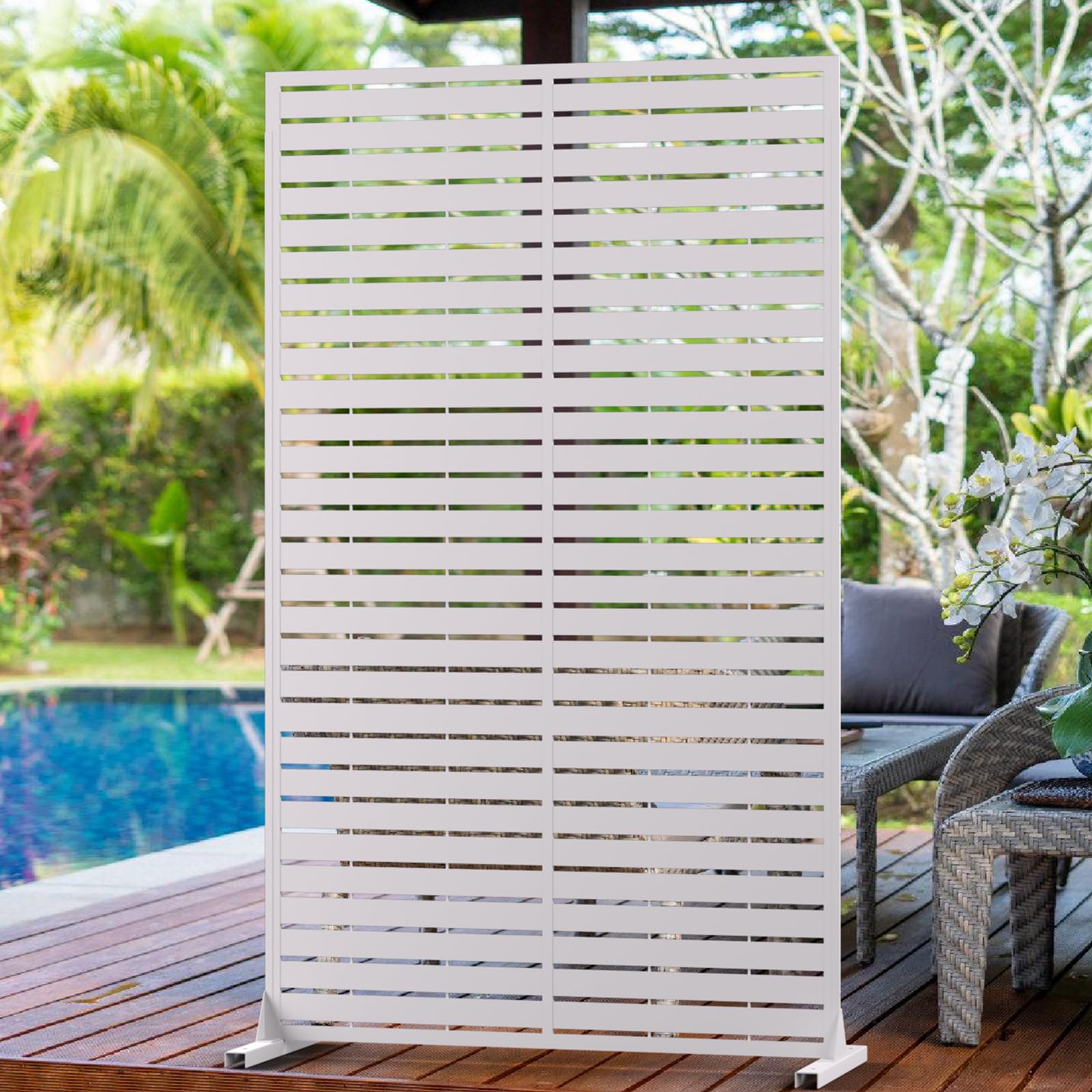 6FT Outdoor Metal Privacy Screen – Decorative Privacy Fence and Room/Garden Divider, Weather-Resistant Freestanding Panel with Stand, Durable Steel for Patio, Garden, Balcony, or Backyard