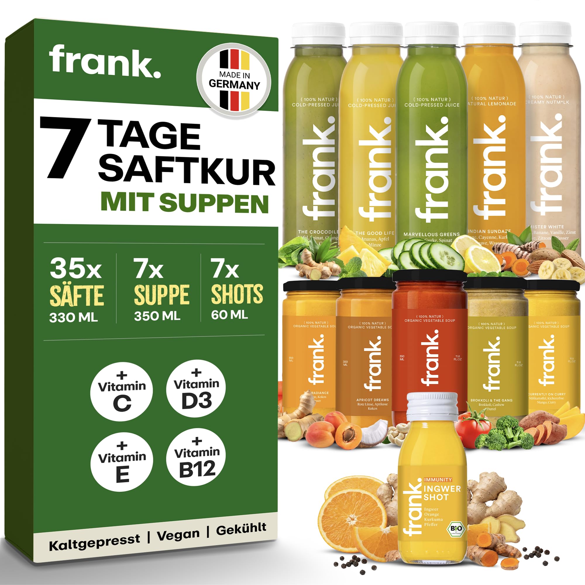 Frank Juice 7 Tage Saftkur mit Suppe | 35 x 330ml Säfte + 7 x 350ml Bio Suppen + 7 x 60ml Bio Ingwer shot | Direktsaft kaltgepresst Vegan | ideale Fastenkur aus frischem Obst & Gemüse