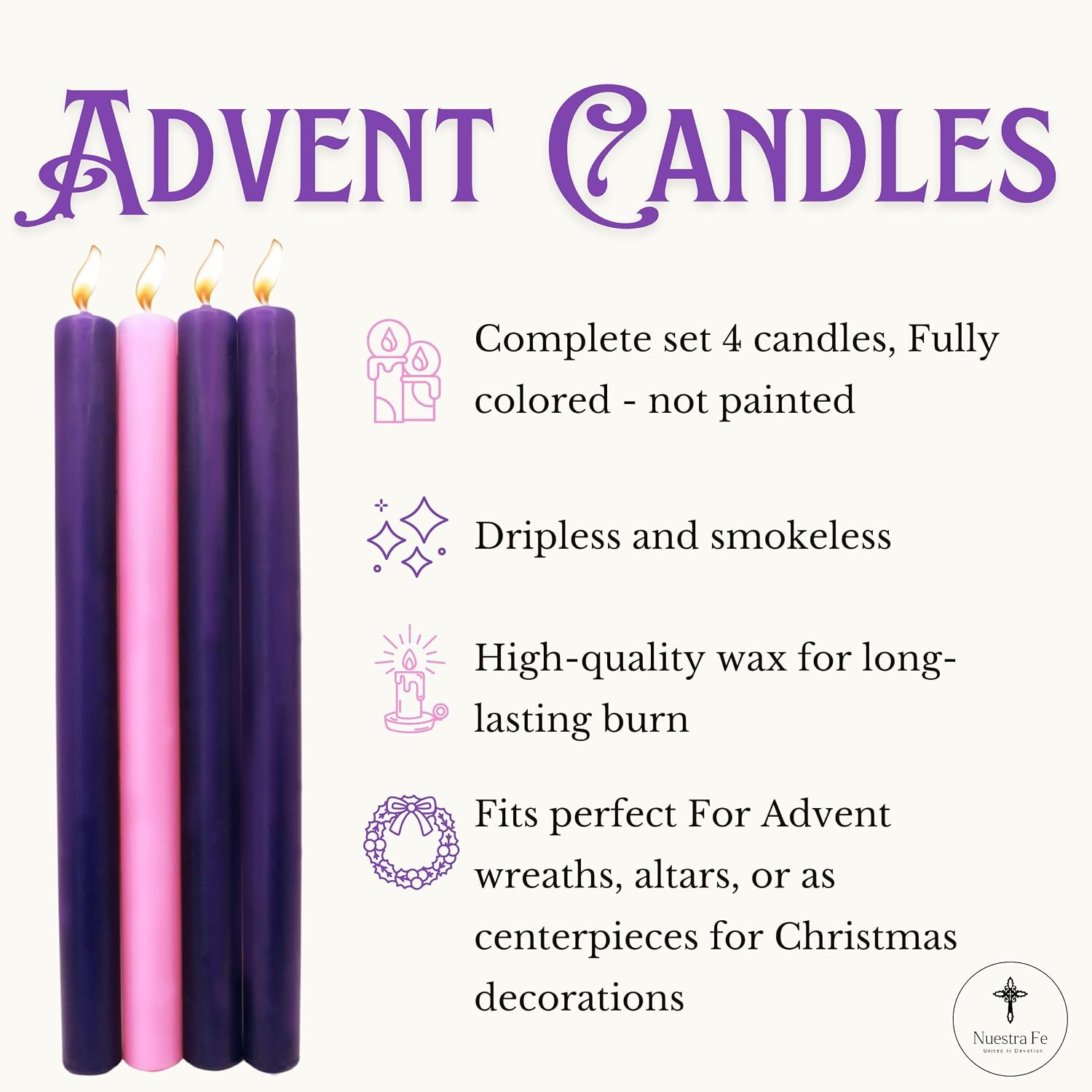 Advent Candles Set of 4 Handmade in Mexico - Advent Wreath Candles - Velas de adviento - velas para Corona de adviento catolica - Taper - Dripless Advent Candle Set