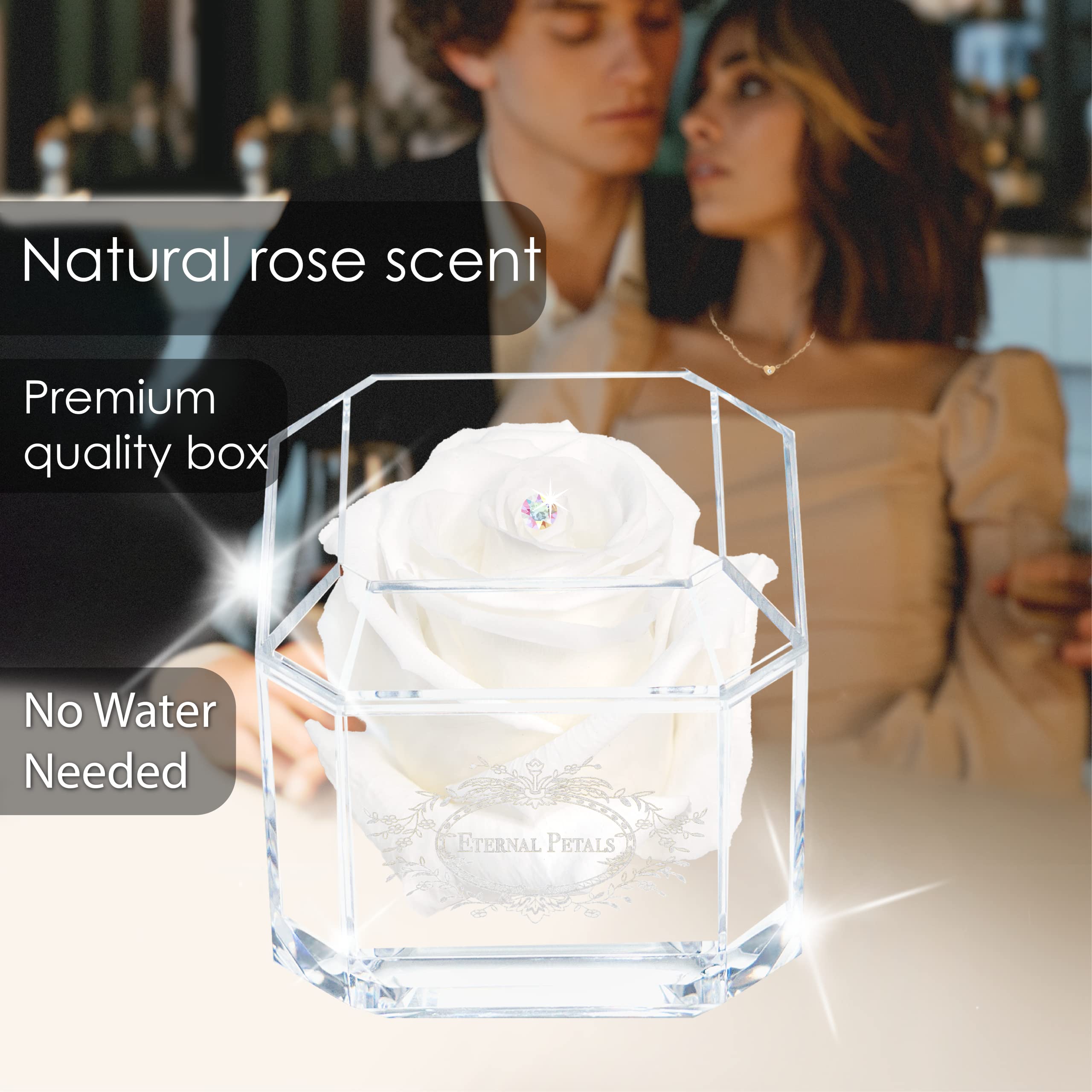 A 100% Real Rose That Lasts Years - Eternal Petals, Handmade in UK – White Gold Solo with A Multicolor Crystal (White) — view 3