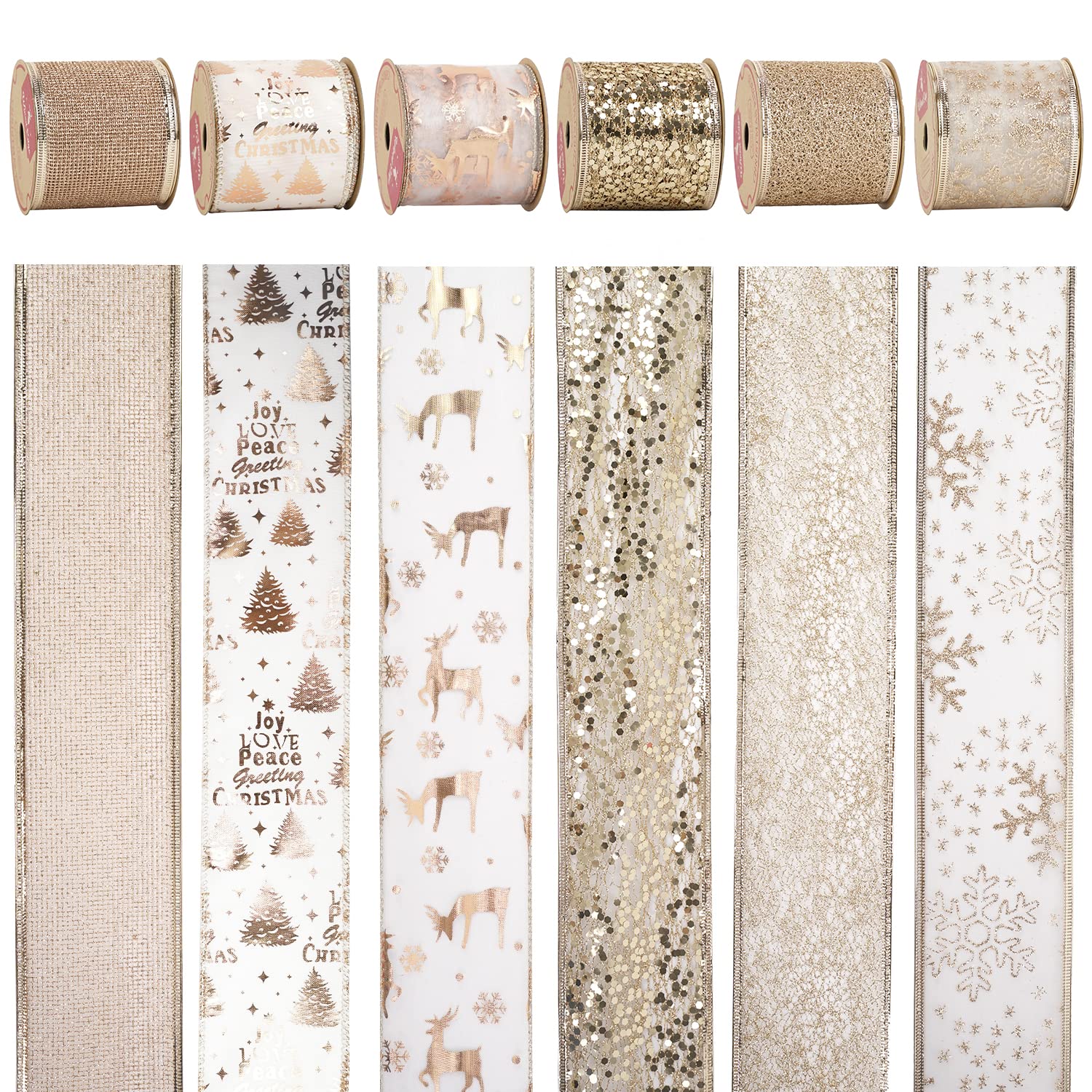 HUIHUANG Gold Christmas Ribbon Wired 2.5" Christmas Tree Ribbon 6 Rolls Gold and White Wired Edge Ribbons for Christmas Tree, Gift Wrapping, Wreath, Garland, Big Bows, Home Decor -36 Yards Total