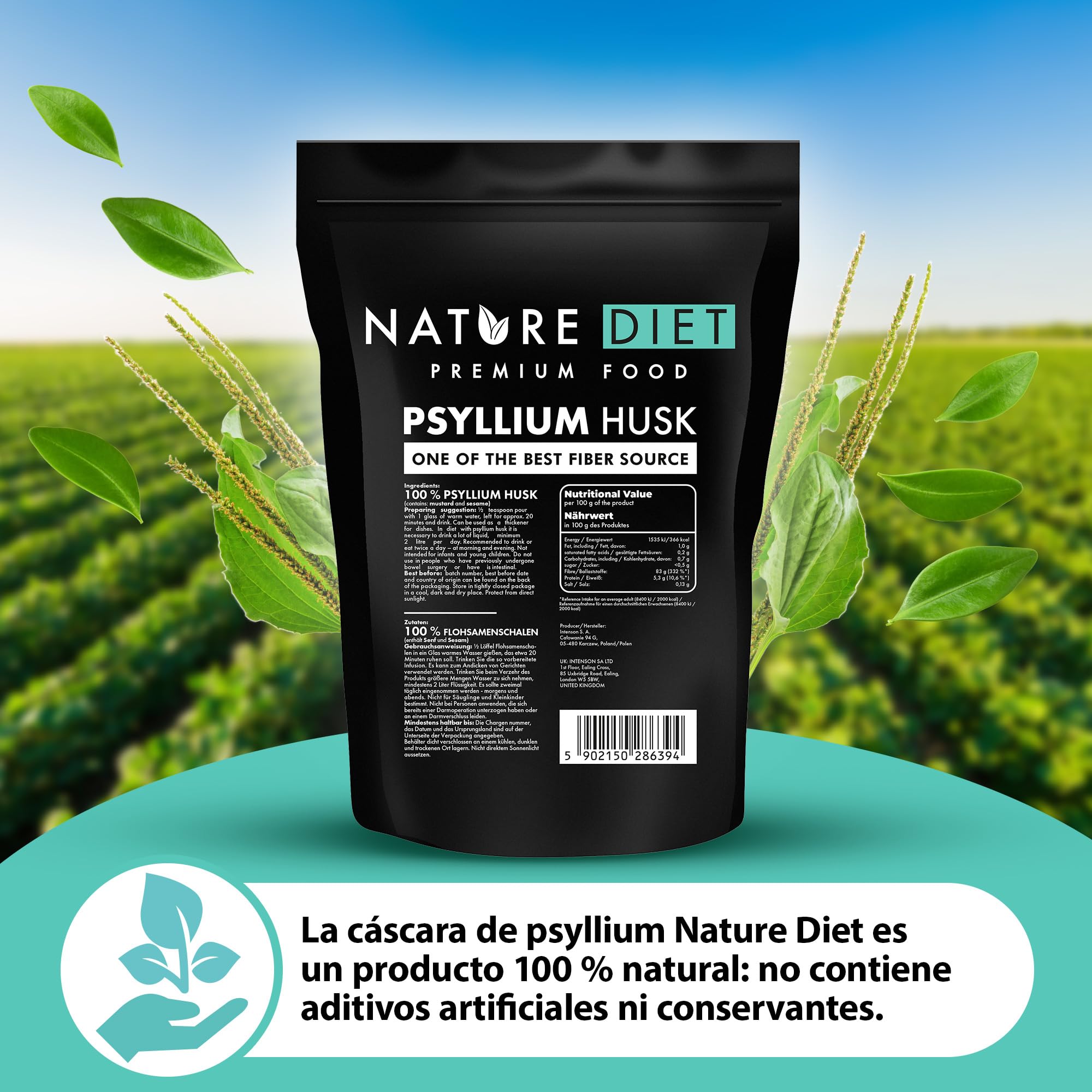 Nature Diet Psyllium Husk Cáscara de psyllium 1000 g | Fuente de fibra | Digestión | Desintoxicación