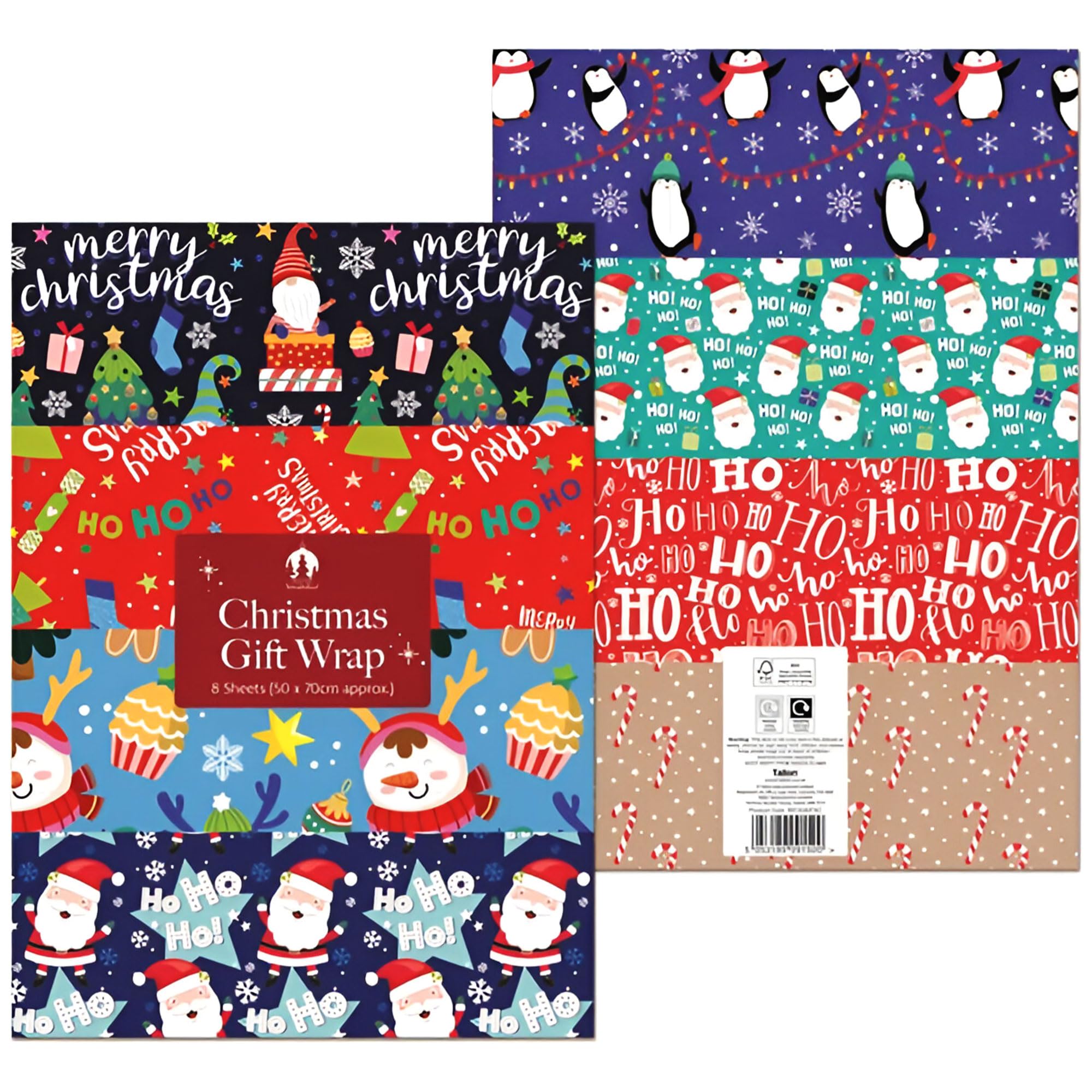 ANGIX 8 x Christmas Wrapping Paper Sheets 70 x 50cm - Assorted Cute & Traditional Festive Designs - Santa, Penguin, Reindeer & Candy Cane - Premium Xmas Gift Wrap Paper for Holiday Presents