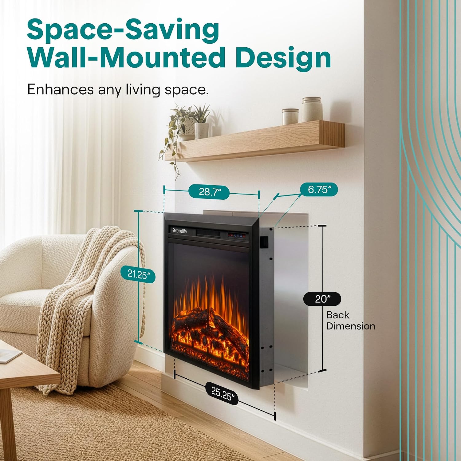 SereneLife Electric Fireplace Insert with Heater | Smart Wi-Fi App Control & Remote | 700W/1500W Adjustable Thermostat with Overheat Protection | 29"x21" Recessed or Wall Mount Design