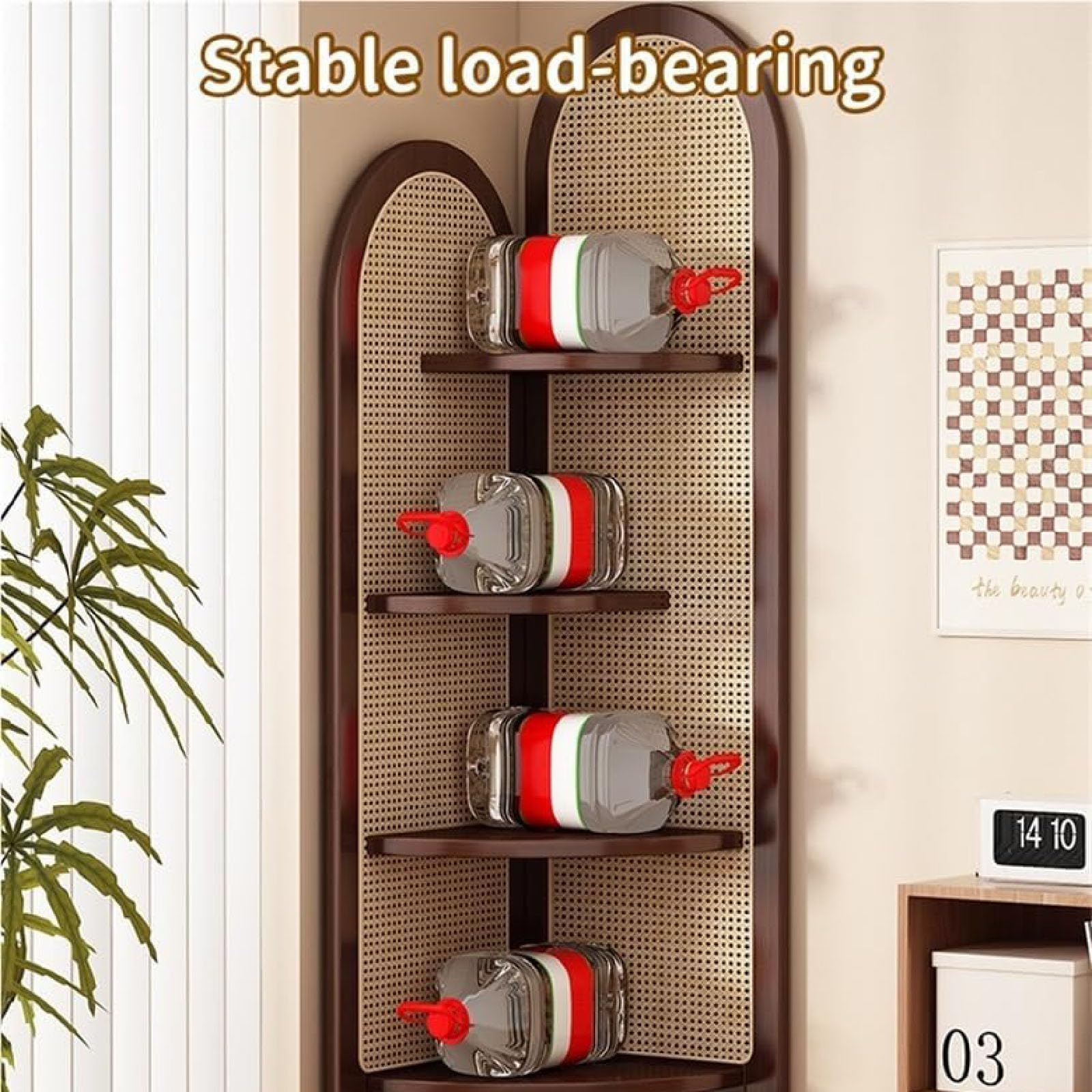 Scaffale angolare in legno massiccio e rattan, a 4 ripiani, triangolare, multifunzione, per soggiorno e camera da letto, libreria in rattan fatta a mano