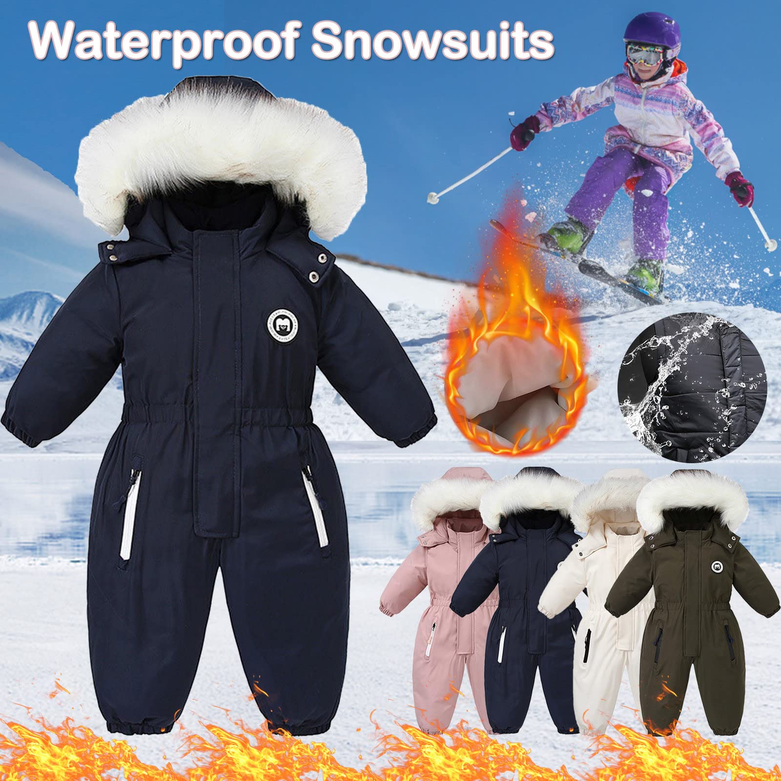 Baby Unisex Skianzüge Jungen Mäntel Winter Schneeanzug Klassisch Bequem Skioverall mit Abnehmbarer Kapuze Schneeanzüge Kleinkind Jacke Kleidung Reißverschluss Overall Atmungsaktiv Winteranzug